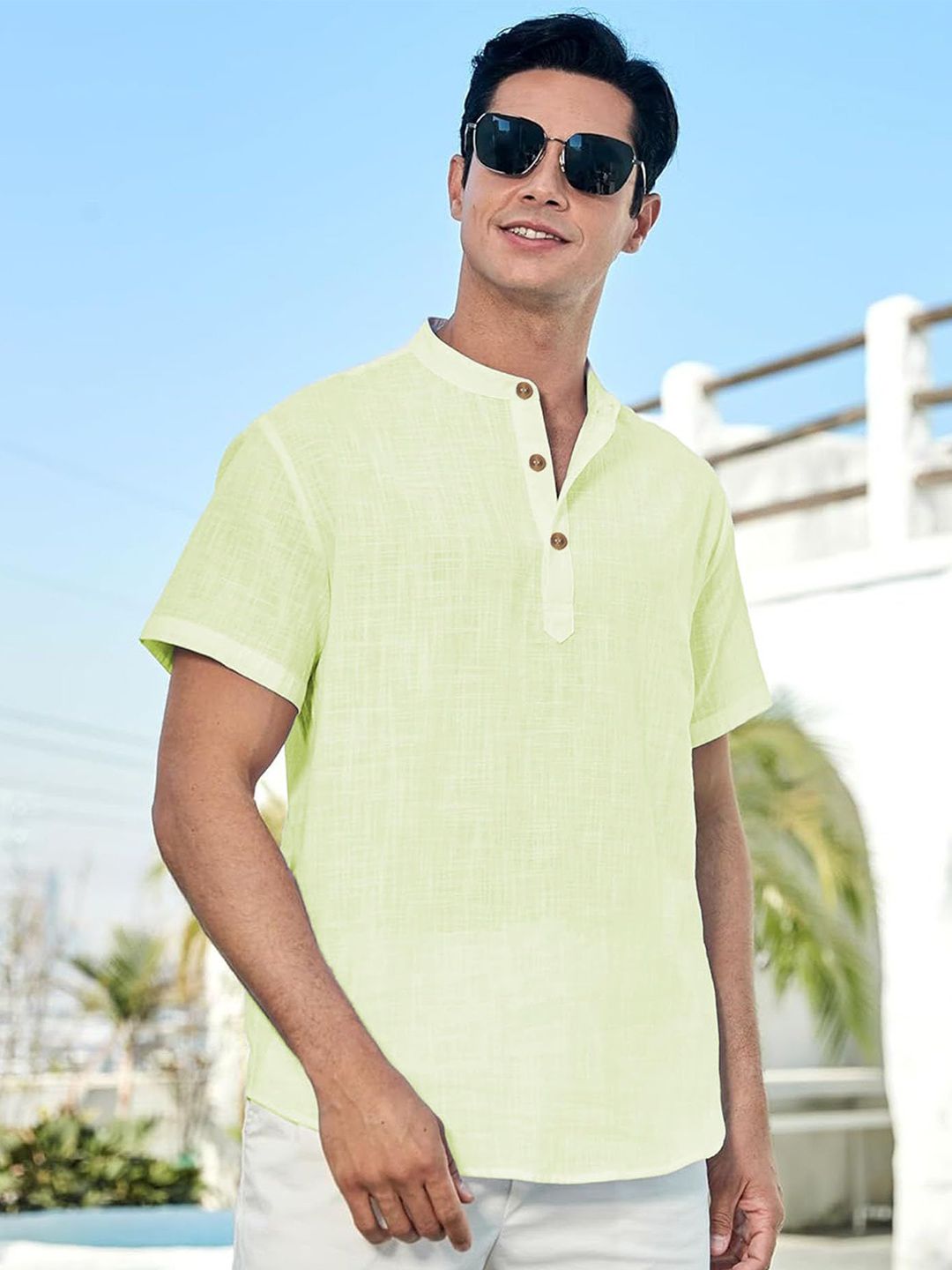 Yugnik Men Slim Fit Band Collar Cotton Short Kurta