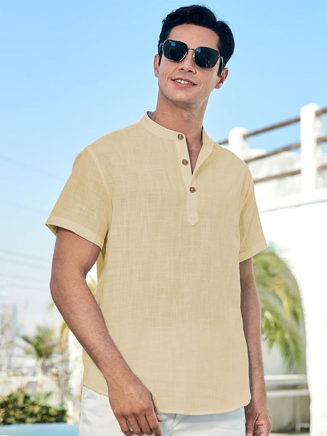 Yugnik Men Solid Half Sleeves Slim Fit Cotton Short Kurta