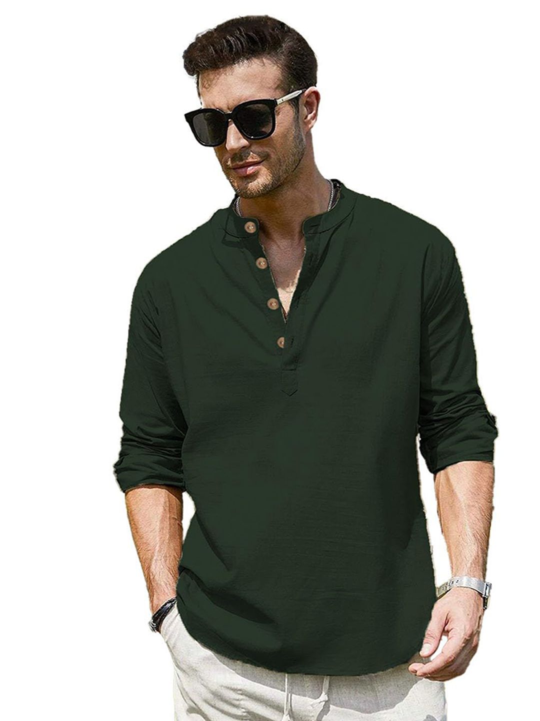 Yugnik Men Mandarin Collar Long Sleeves Cotton Kurta