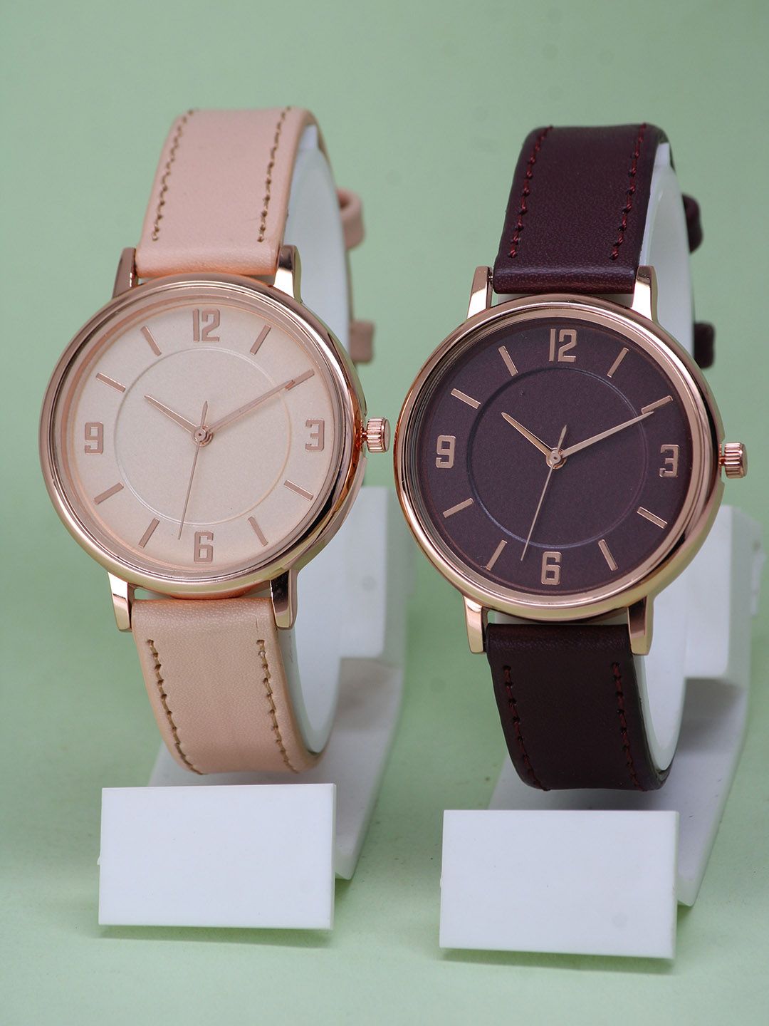 VIRAKTI VIRAKTI Unisex Set of 2 Leather Straps Analogue Watches G-03-CREAM-MAROON 1210