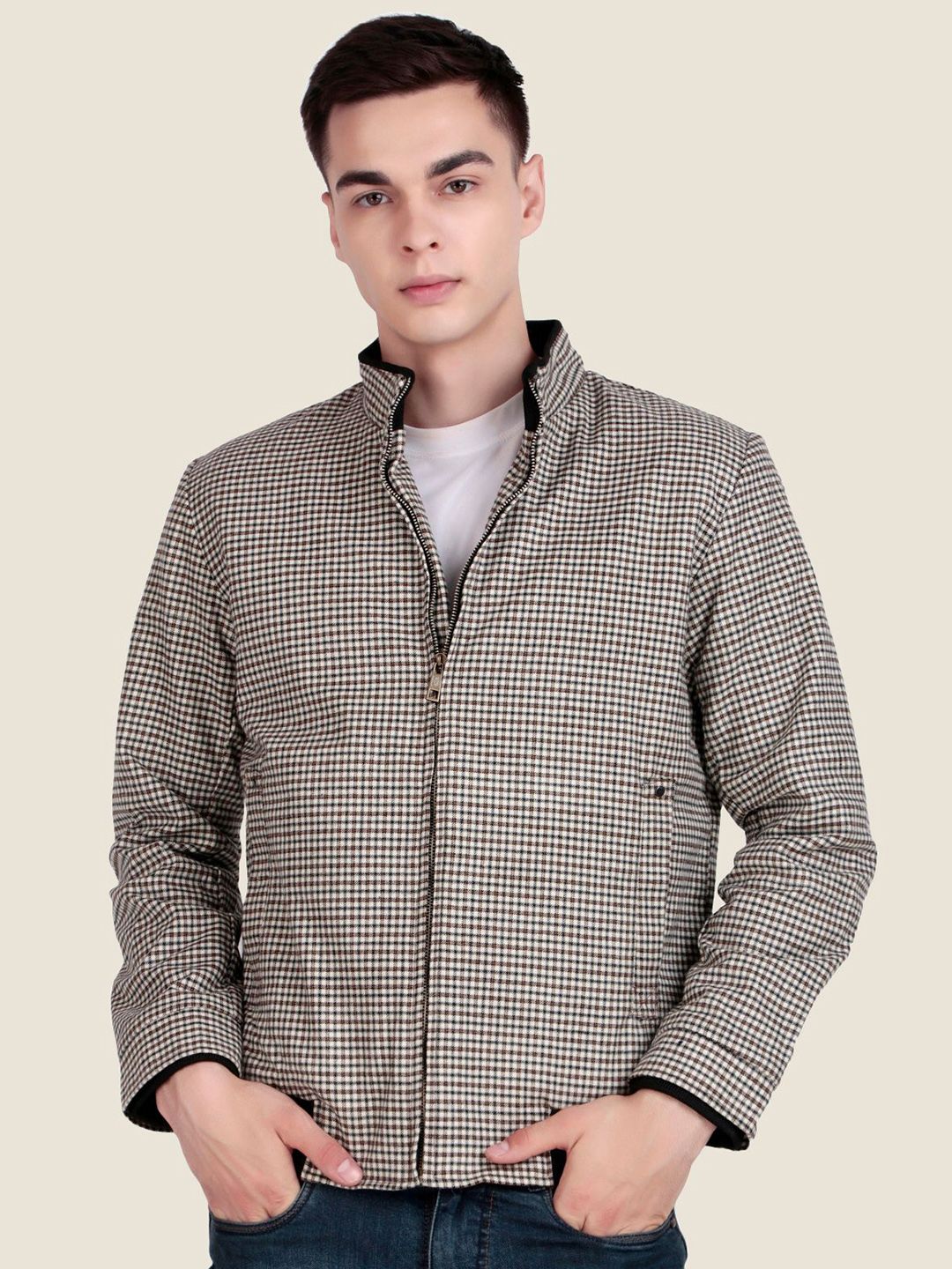 Leather Retail Men Mock Collar Checked Lightweight Woollen Tailored Jacket
