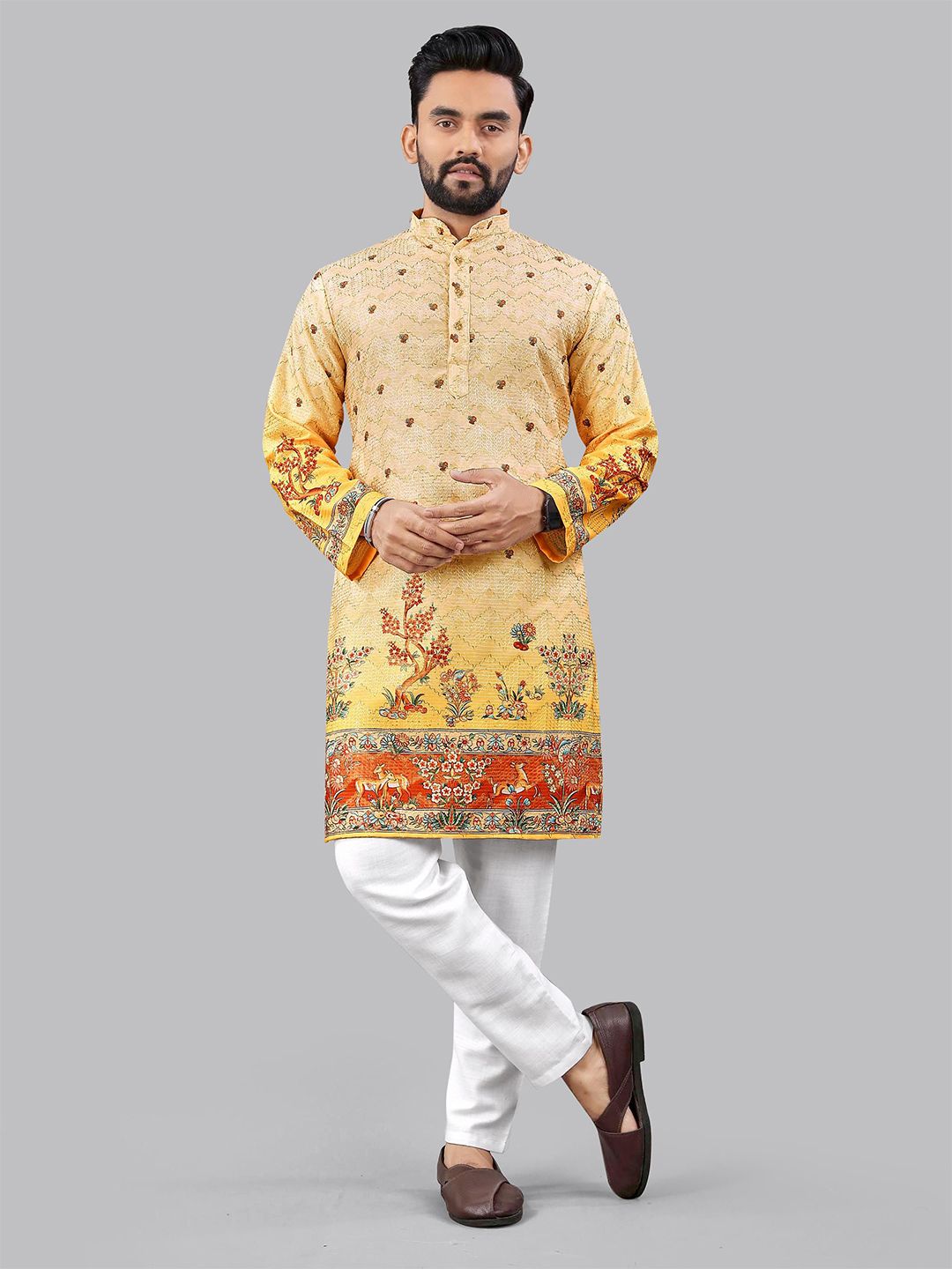 CHARLOTTE GRACIOUS Floral Printed Band Collar Sequinned Straight Kurta
