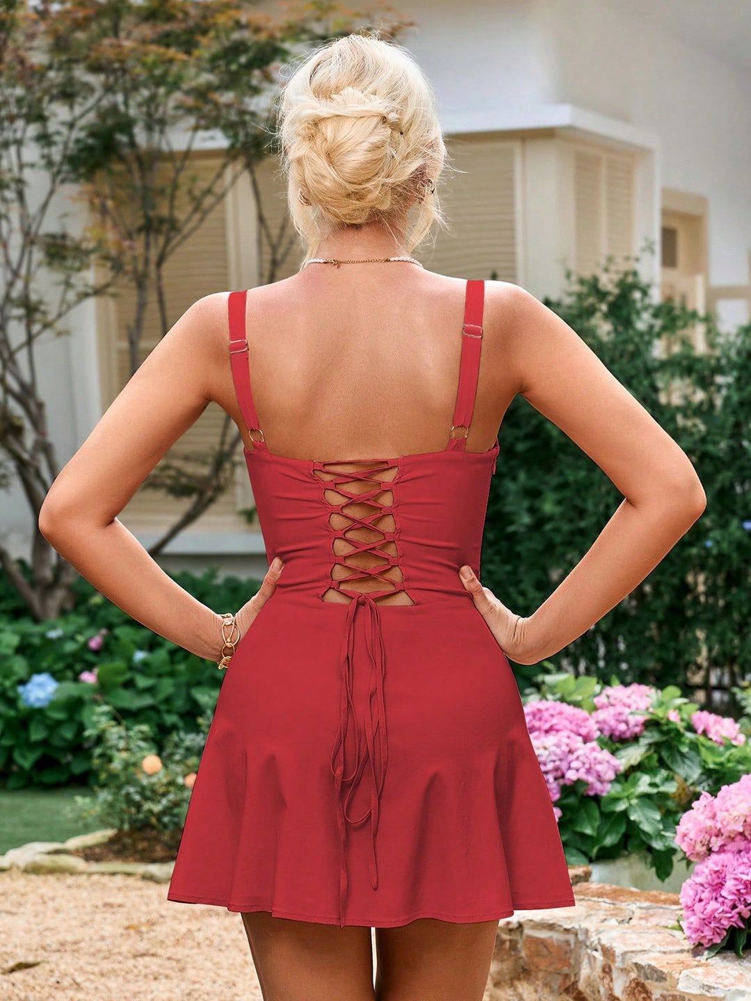 Mast & Harbour Women Cherry Red Ruched Corset Mini Dress(XS) By Myntra