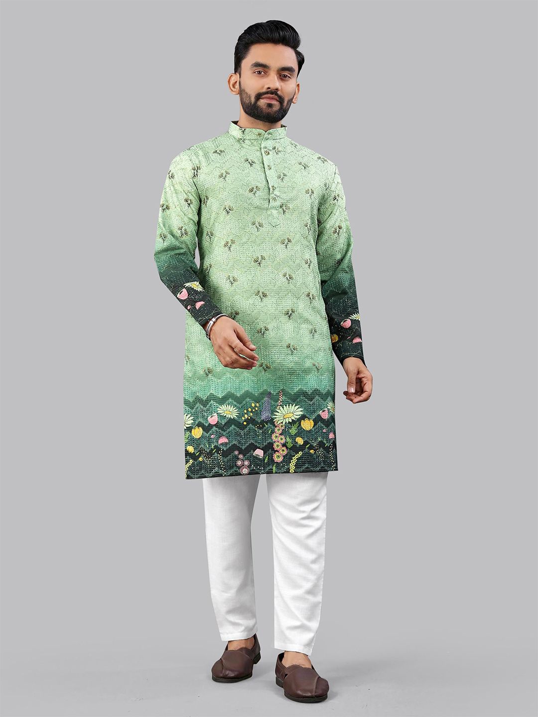 CHARLOTTE GRACIOUS Floral Printed Band Collar Thread Work Straight Kurta