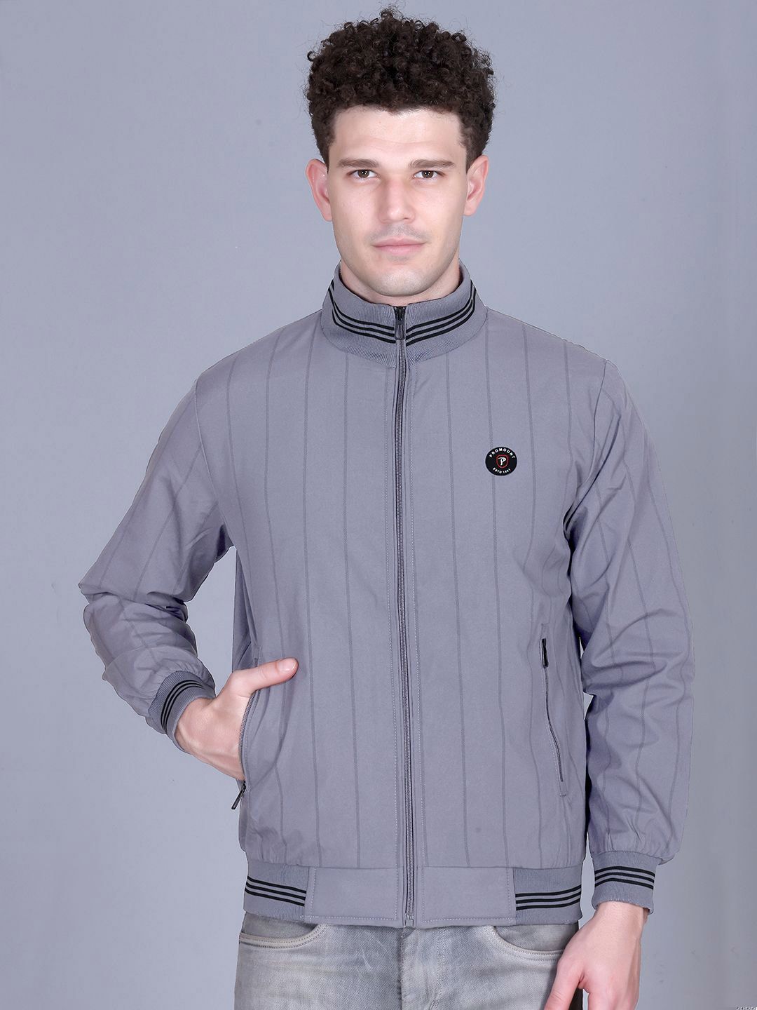 MOUNTAIN COLOURS Men Mock Collar Striped Windcheater Bomber Jacket