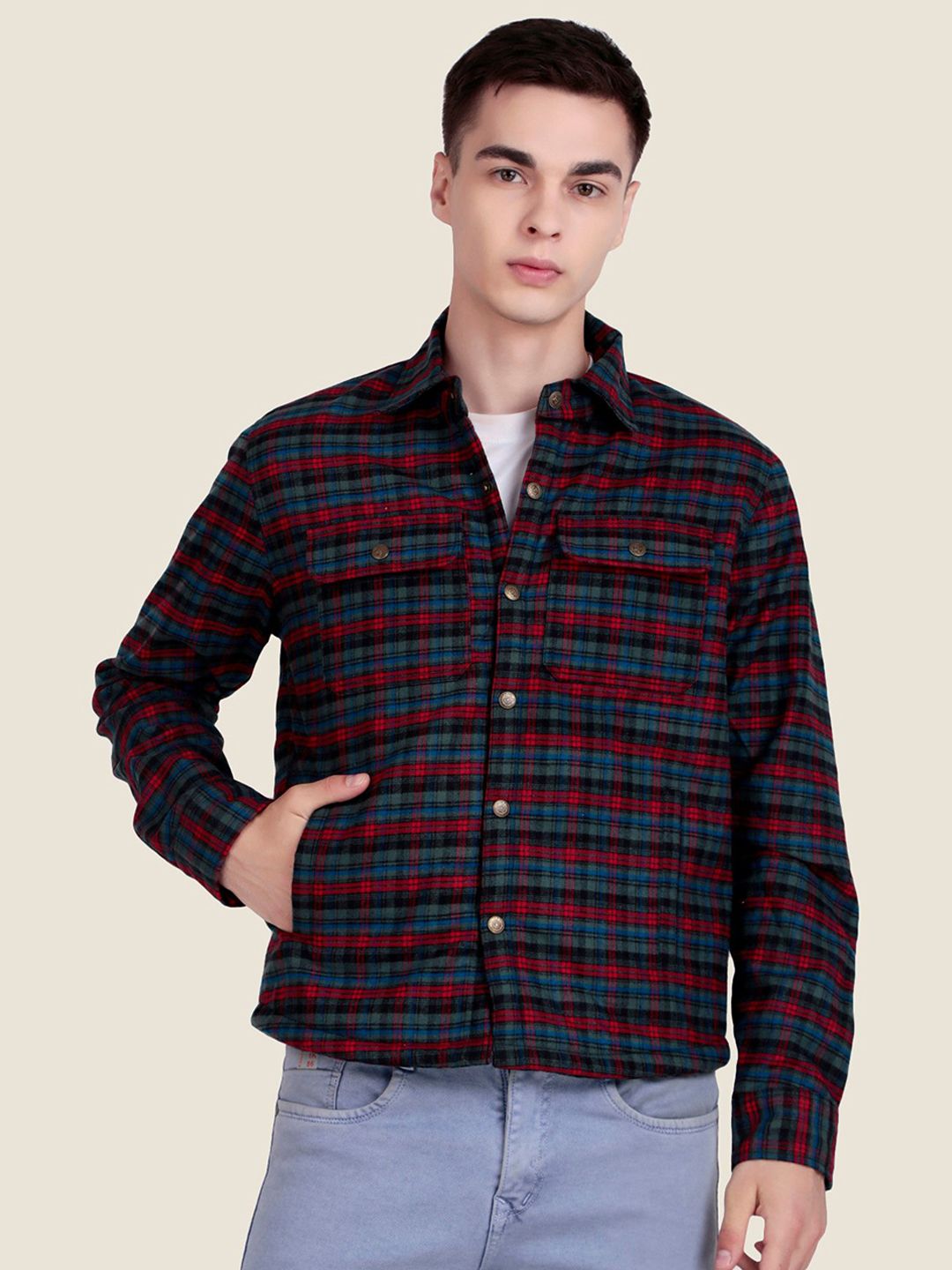 Leather Retail Men Spread Collar Checked Lightweight Woollen Tailored Jacket