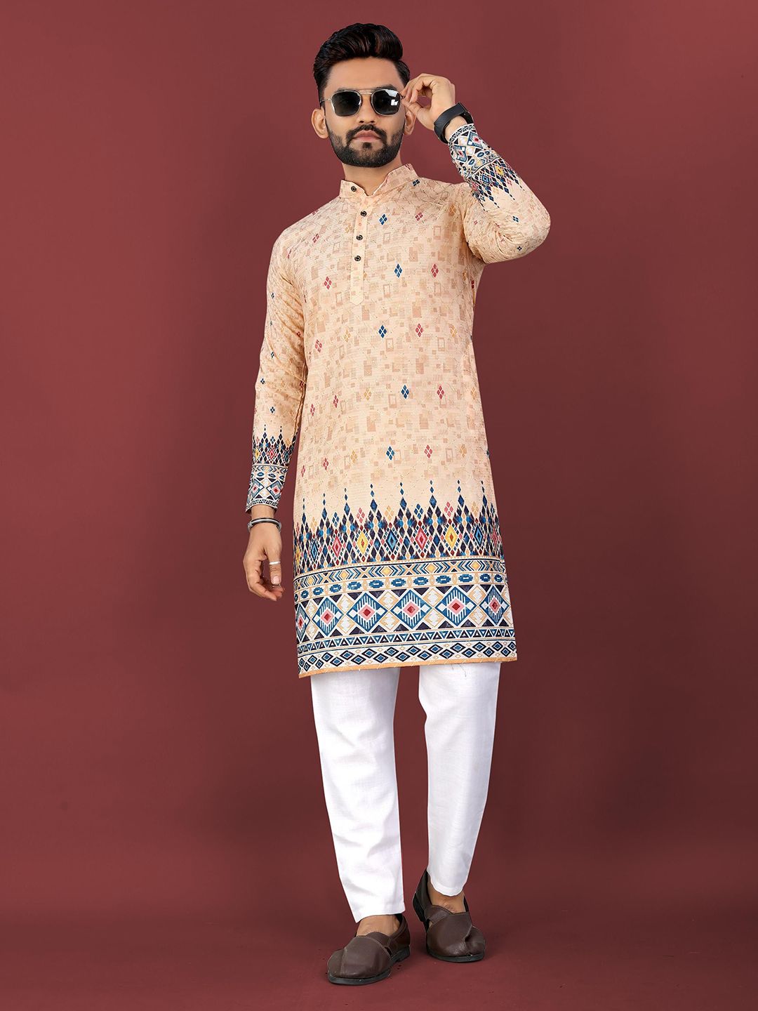 CHARLOTTE GRACIOUS Ethnic Motifs Printed Band Collar Sequinned Straight Kurta