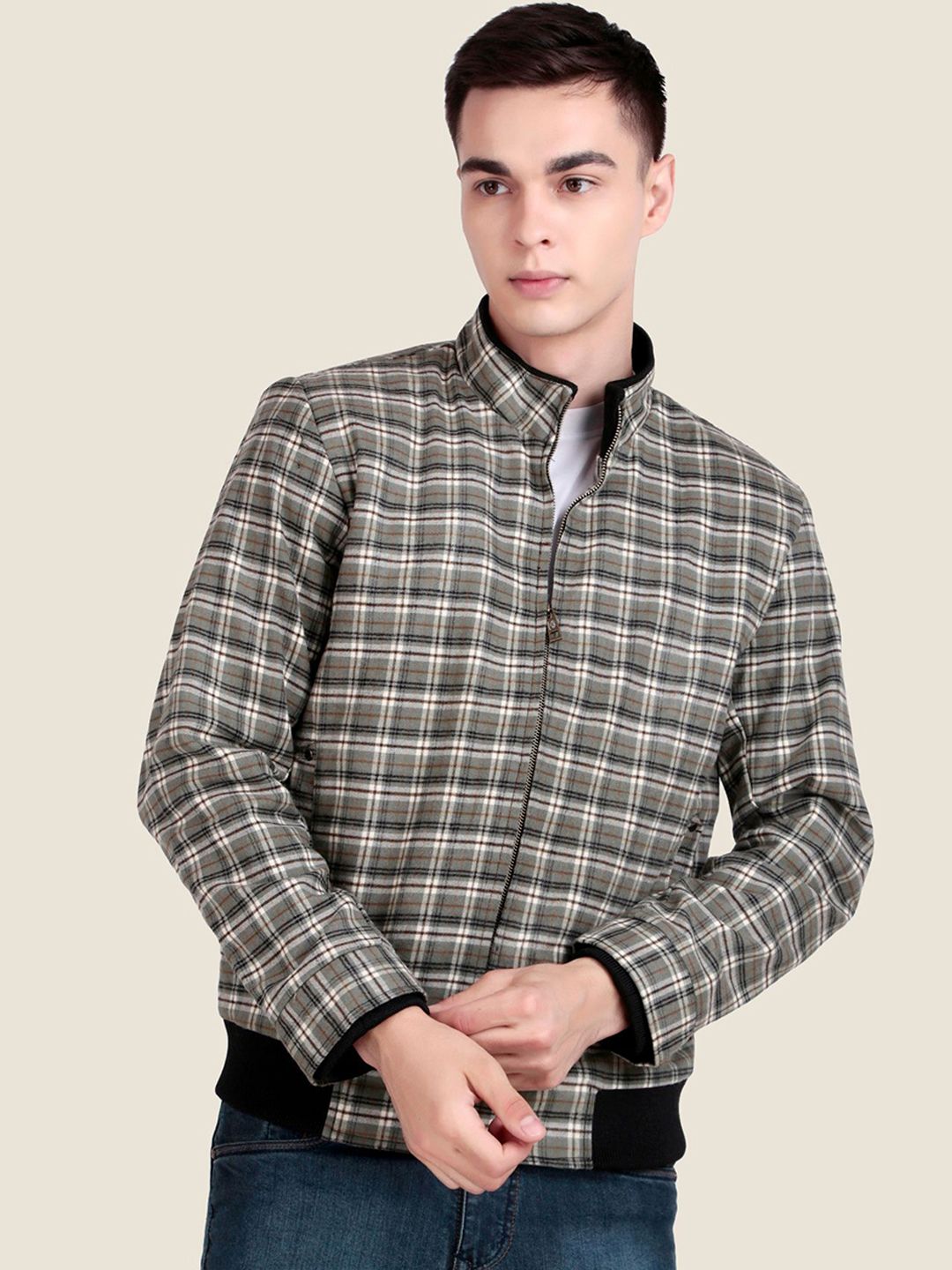 Leather Retail Men Mock Collar Checked Lightweight Woollen Bomber Jacket