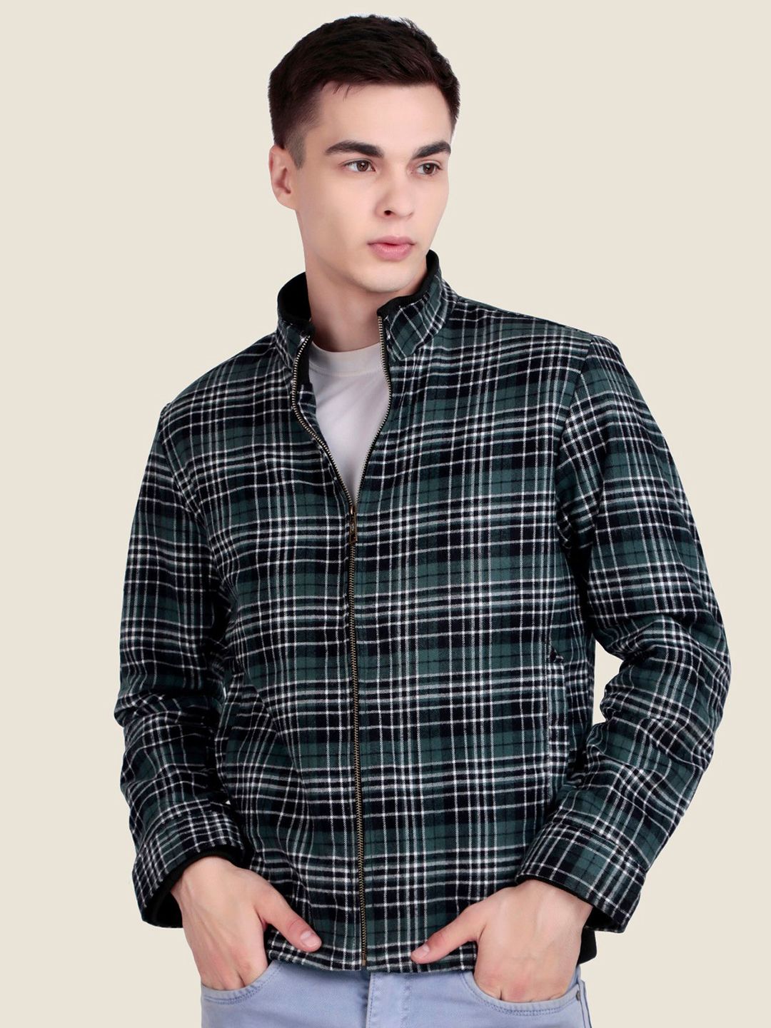 Leather Retail Men Mock Collar Checked Lightweight Woollen Bomber Jacket