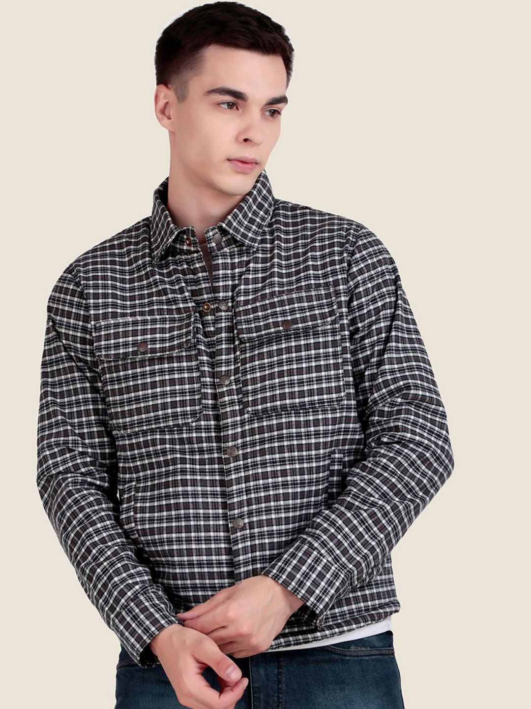 Leather Retail Men Spread Collar Checked Lightweight Woollen Tailored Jacket