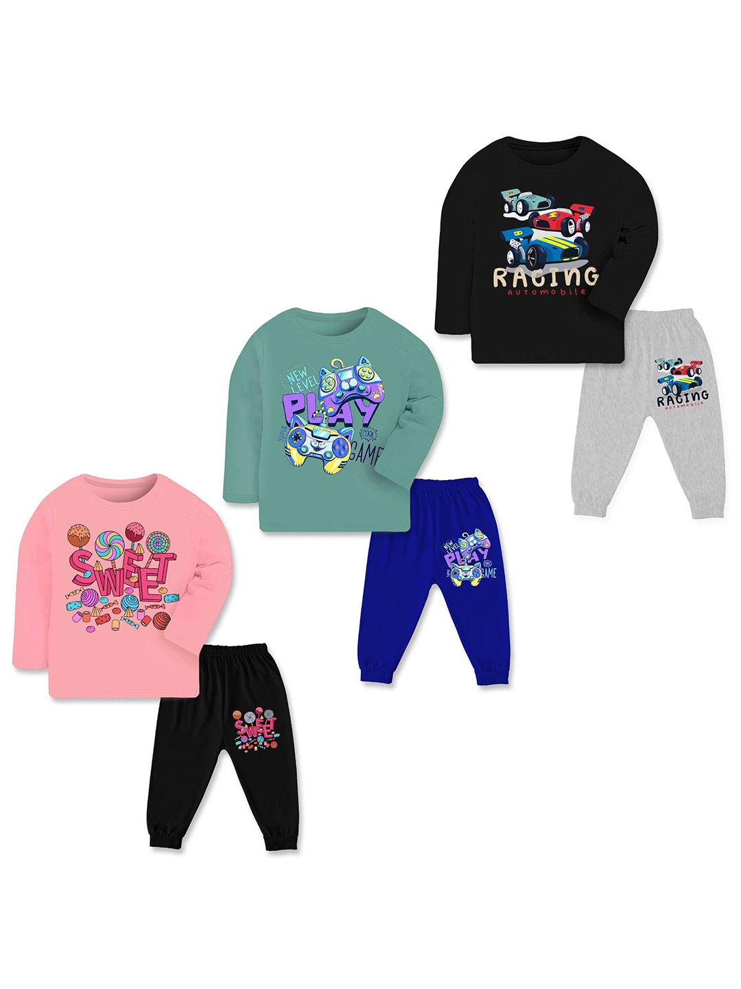 YK Kids Pack Of 3 Graphic Printed T-Shirt And Pyjama Night Suits