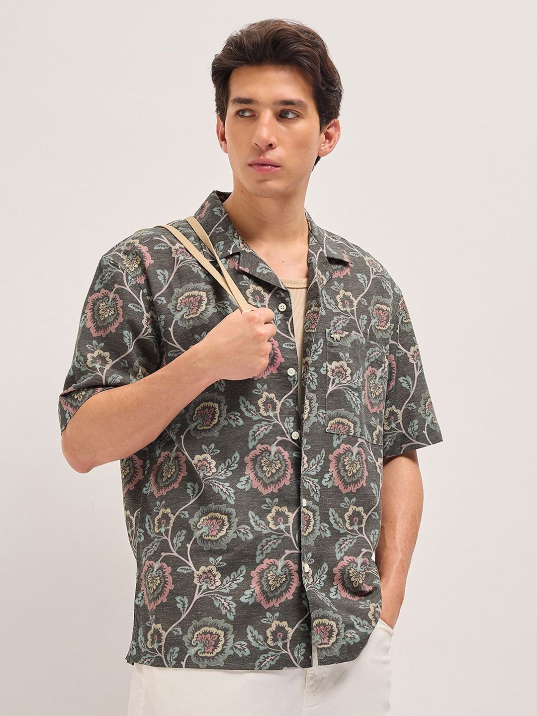 THE BEAR HOUSE Oversized Floral Printed Cuban Collar Casual Shirt