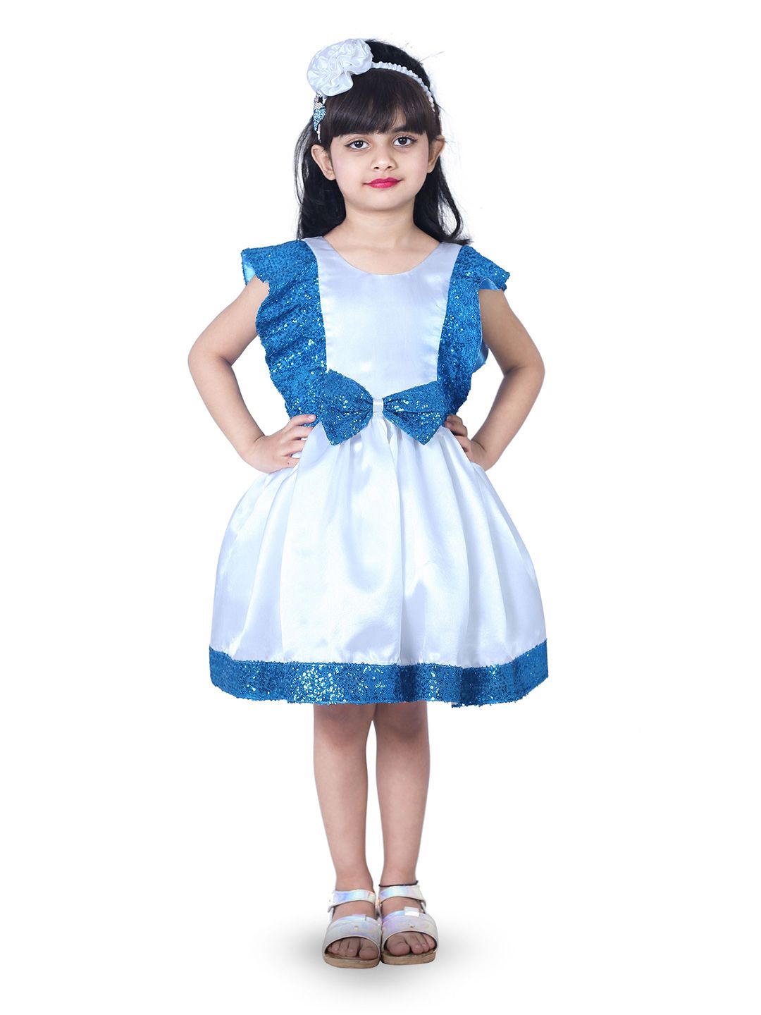BAESD Girls Solid Embellished Round Neck Fit and Flare Dress With Bow