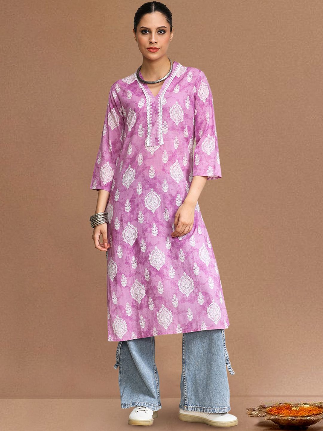 all about you Women Floral Printed V-Neck Straight Pastels Kurta