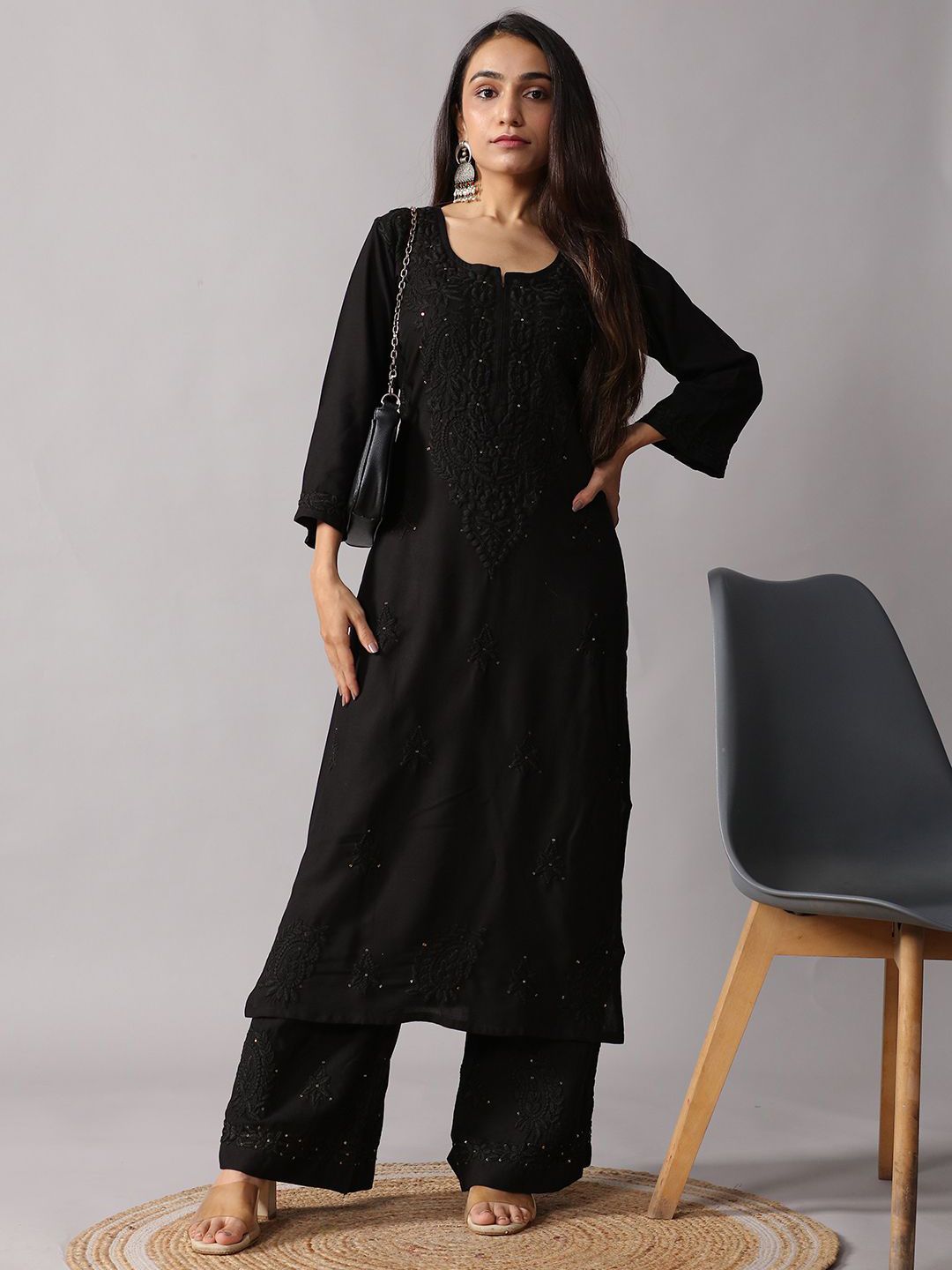 Women Embroidered Kurta colorkosh Women Ethnic Motifs Embroidered Chikankari Kurta with Palazzos