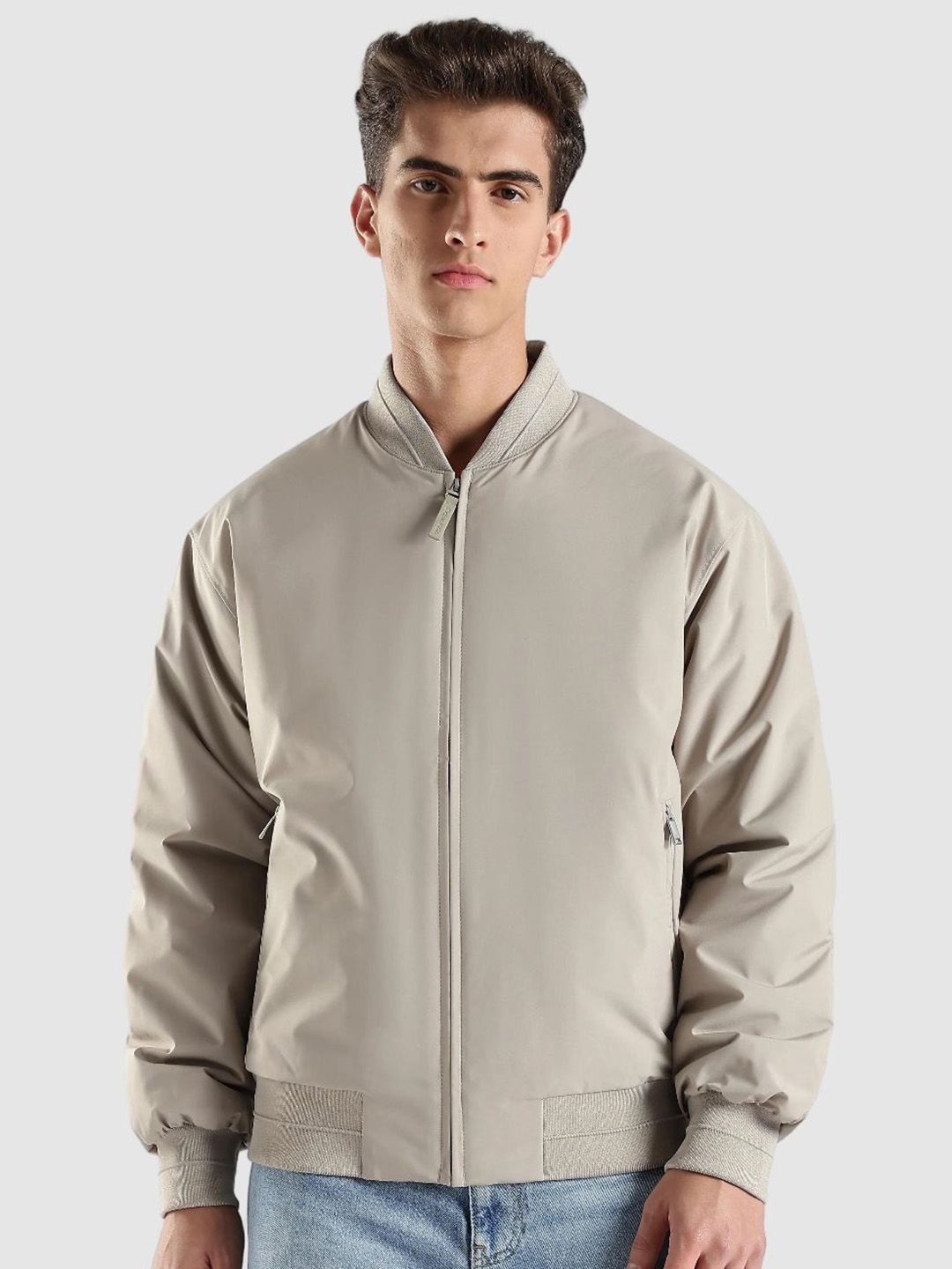 Calvin Klein Jeans Men Stand Collar Solid Windcheater Bomber Jacket