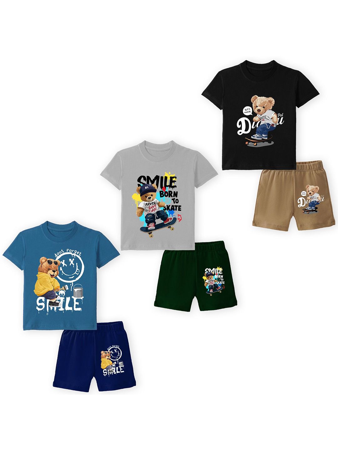 YK Kids Pack Of 3 Graphic Printed Round Neck T-shirts With Shorts
