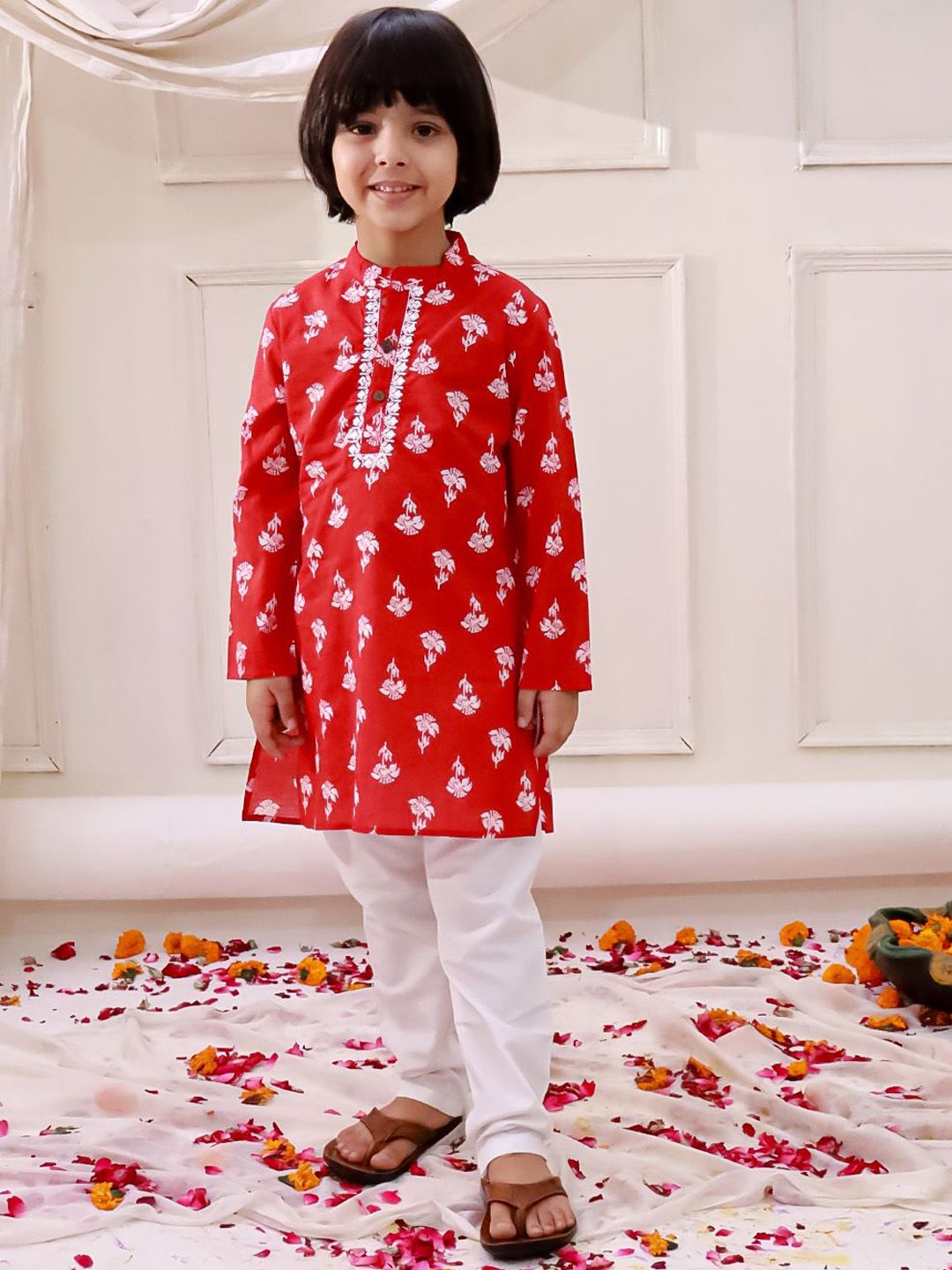 KID1 Boys Floral Printed Regular Pure Cotton Kurta with Pyjamas