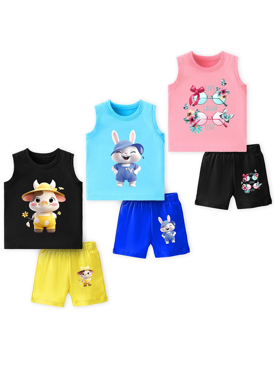 YK Kids Pack Of 3 Printed Round Neck Pure Cotton T-shirts With Shorts