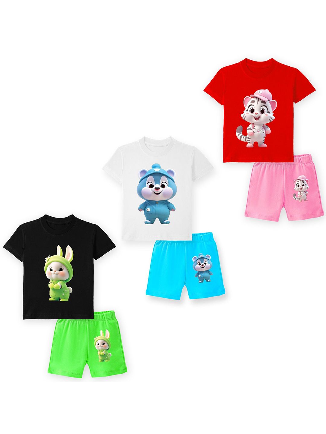 YK Kids Pack Of 3 Graphic Printed Round Neck T-shirts With Shorts