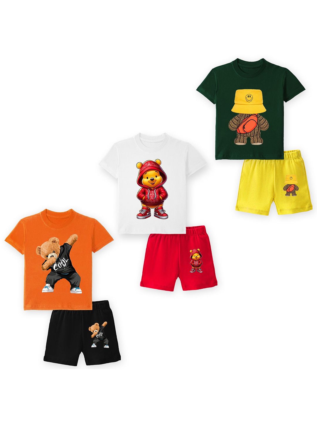 YK Kids Pack Of 3 Graphic Printed Round Neck T-shirts With Shorts