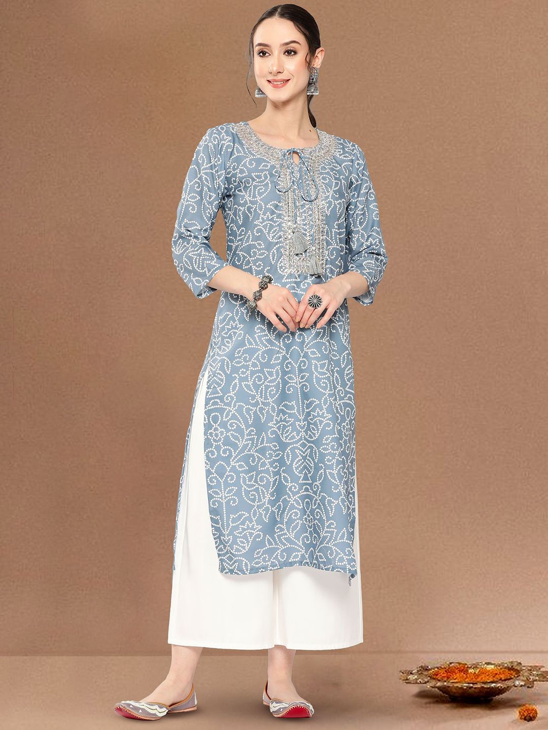 all about you Women Bandhani Print Tie-Up Neck Gotta Patti Kurta