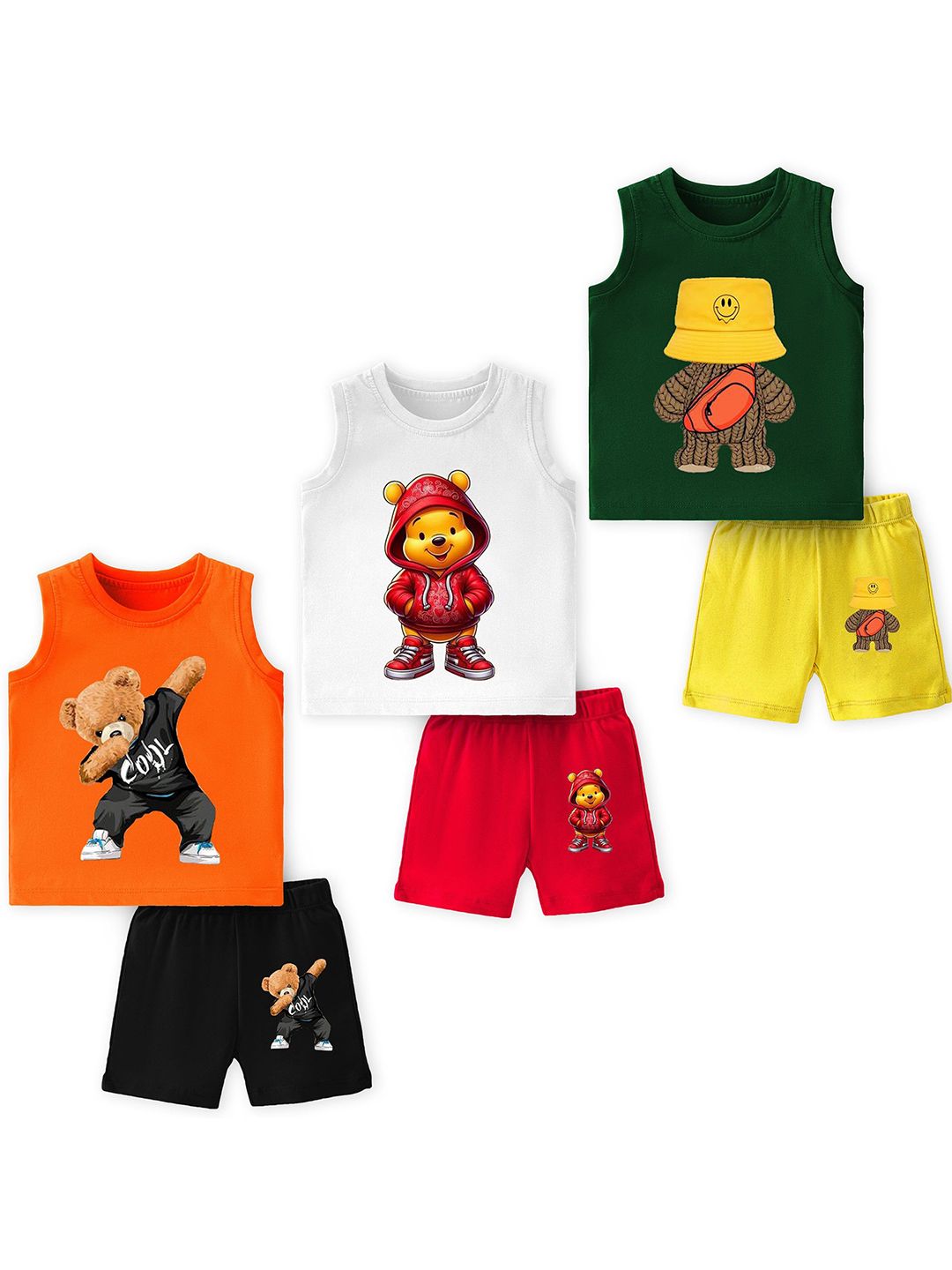 YK Kids Pack Of 3 Graphic Printed Round Neck T-shirts With Shorts