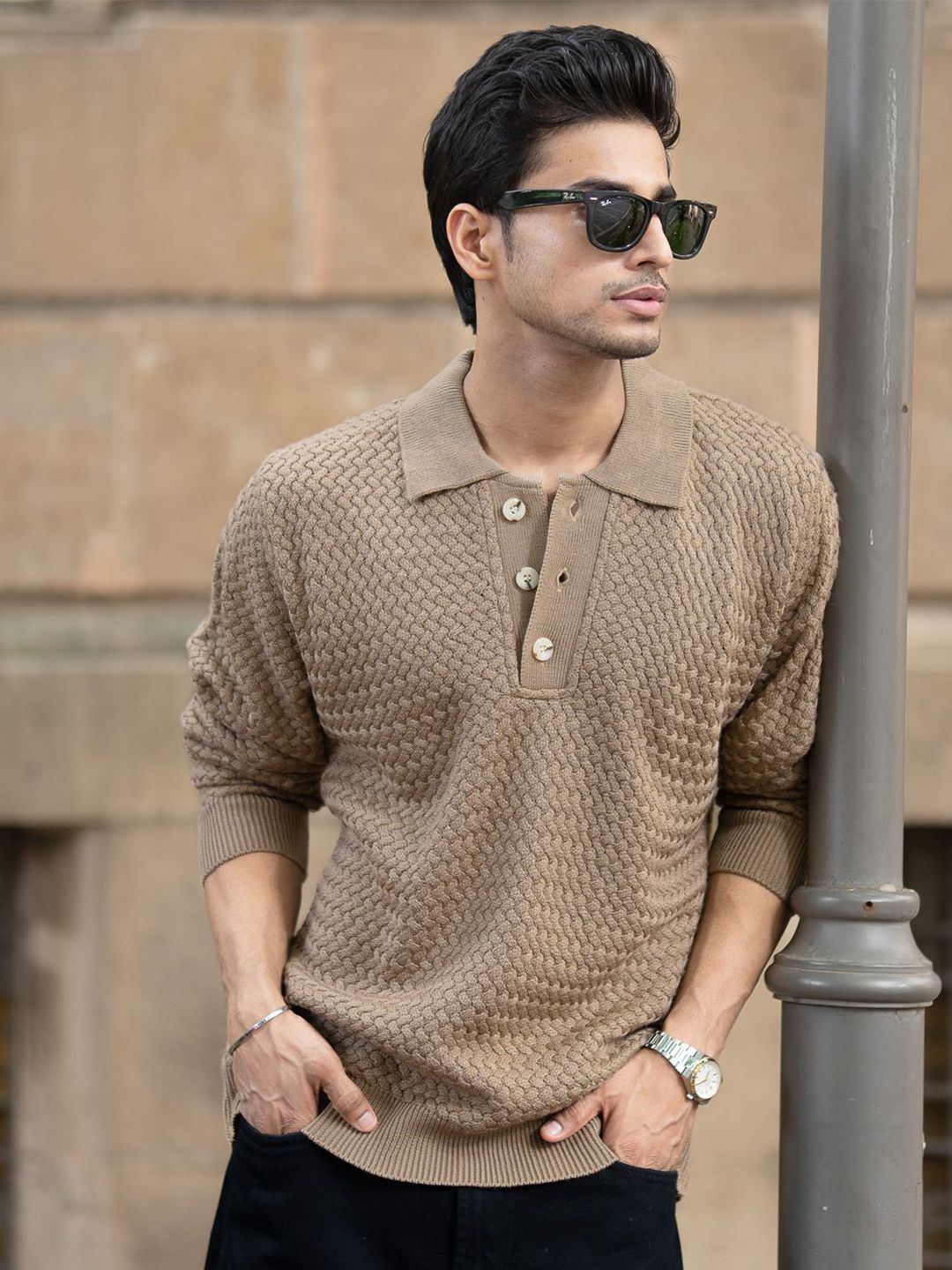 Buy Powerlook SS25 Geometric Self Design Polo Collar Long Sleeves