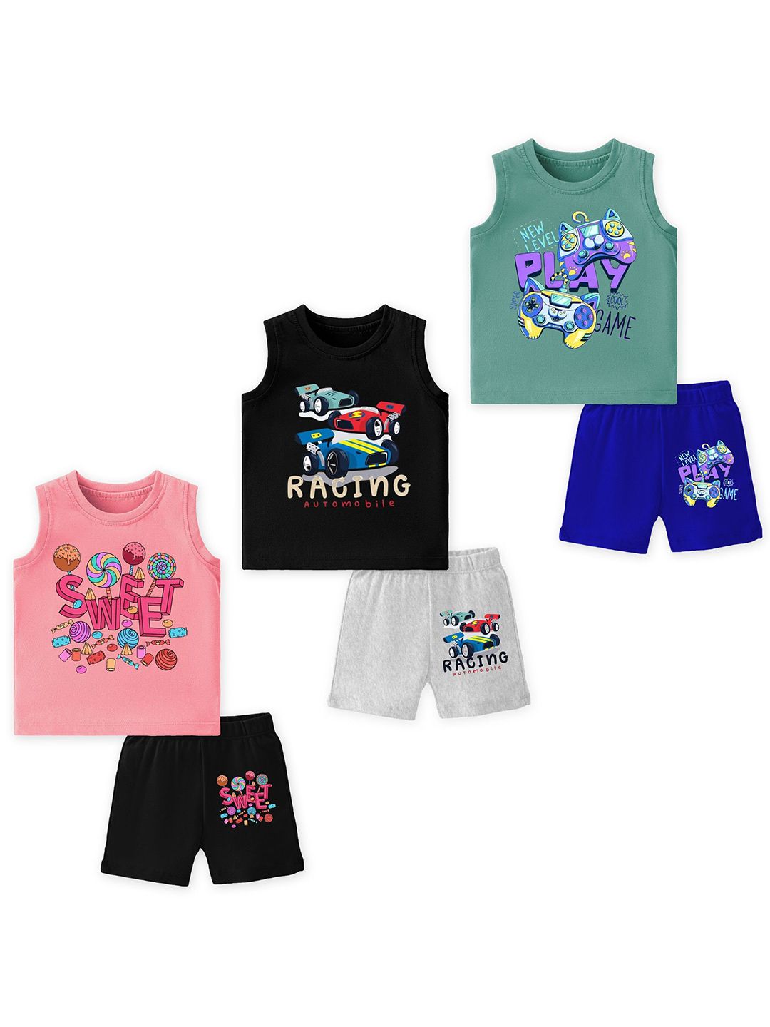 YK Kids Pack Of 3 Graphic Printed Round Neck T-shirts With Shorts