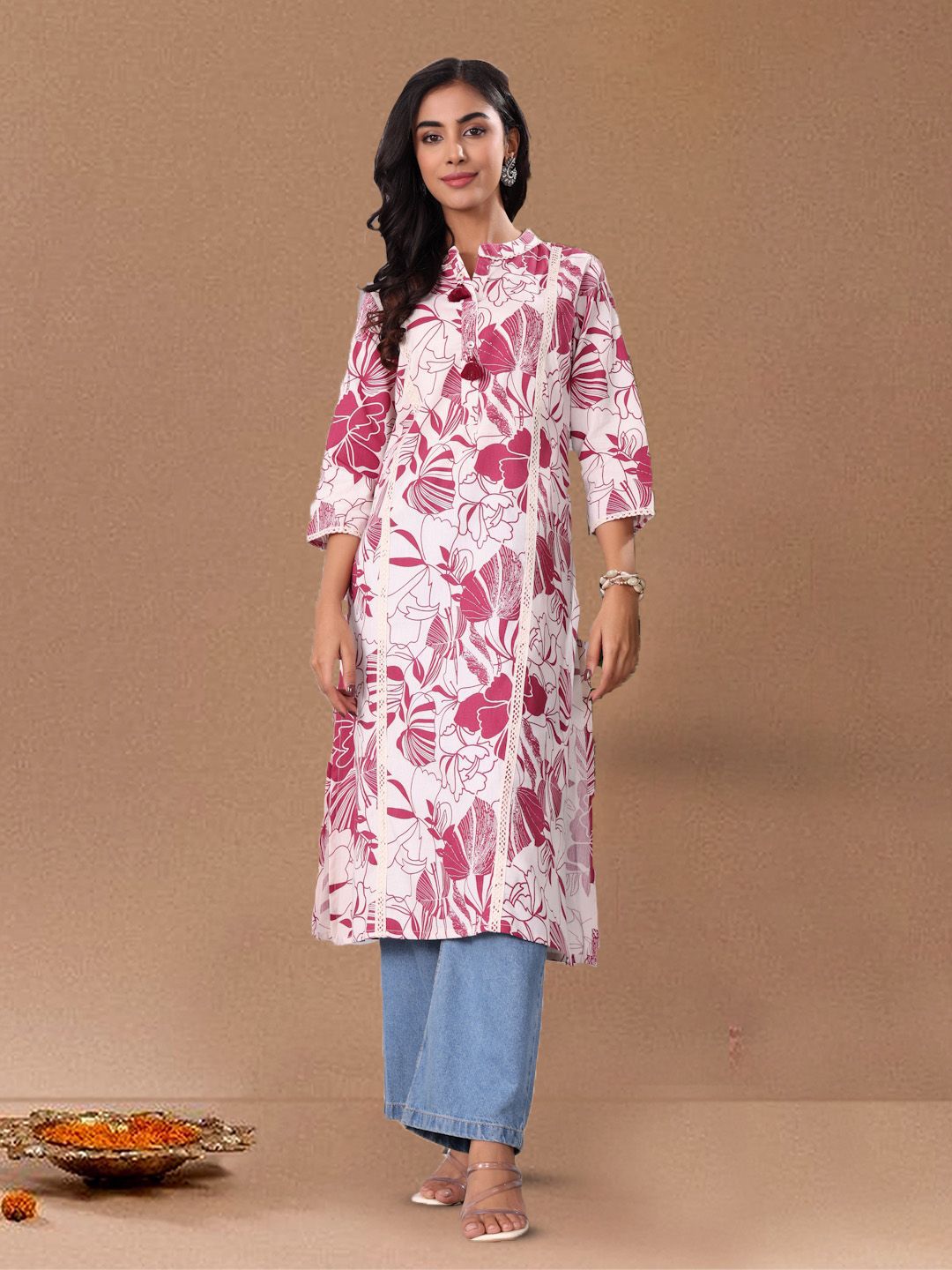 all about you Women Floral Printed Mandarin Collar Cotton A-Line Kurta