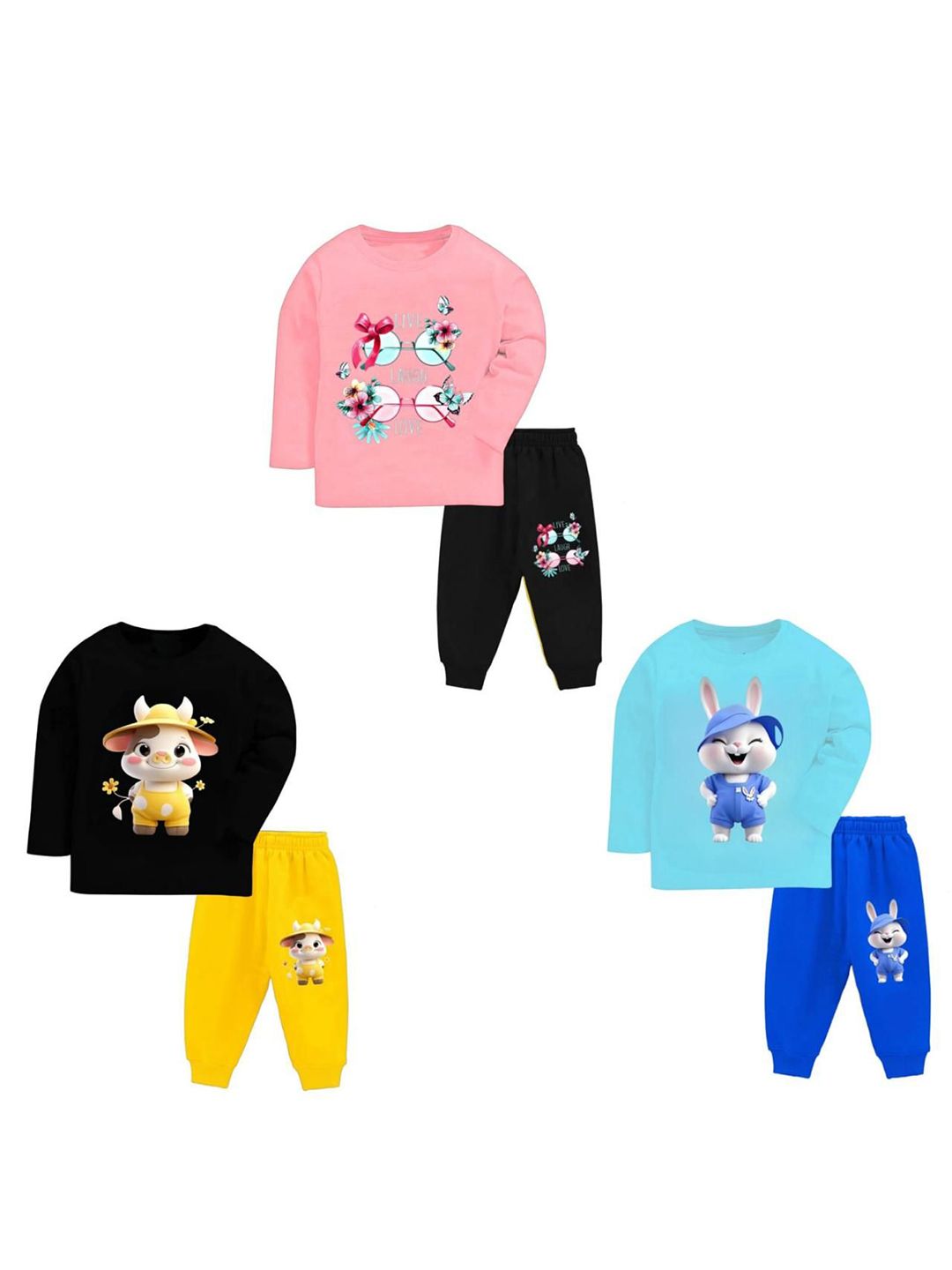 YK Kids Pack Of 3 Graphic Printed Round Neck T-shirt With Joggers