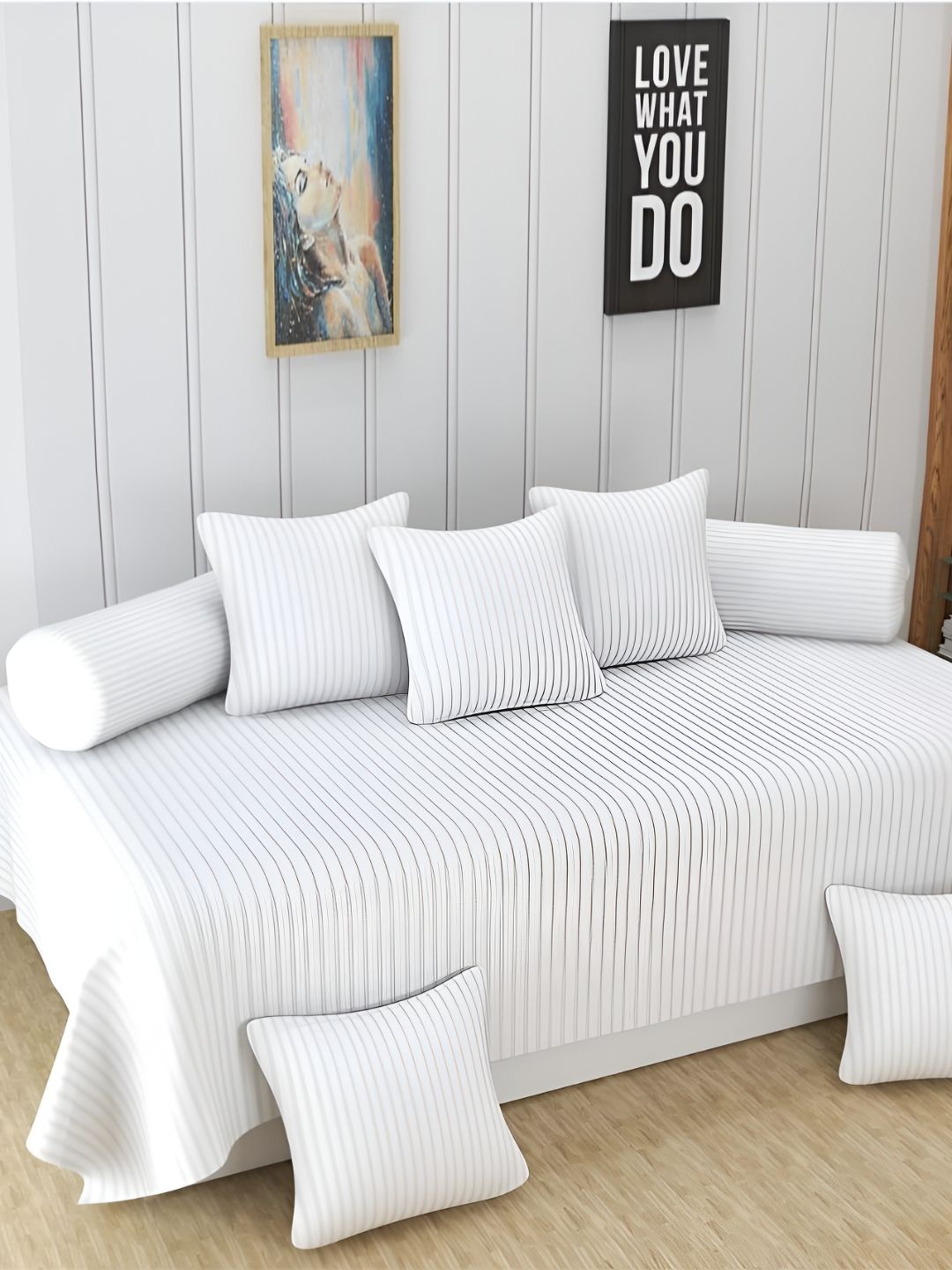 Myntra Elegant Homes White 8 Pieces Striped Cotton Diwan Set