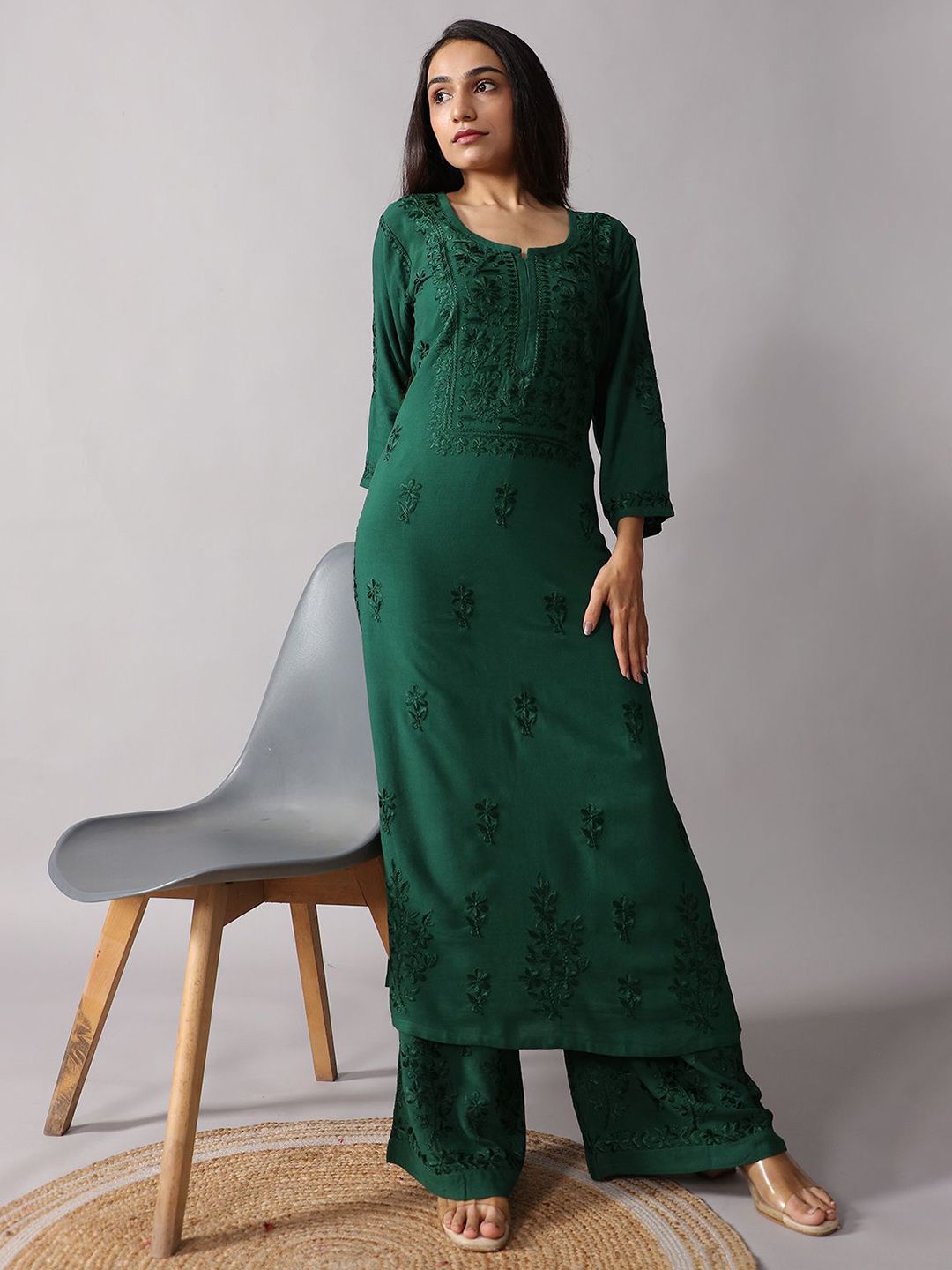 Women Embroidered Kurta Set colorkosh Women Ethnic Motifs Embroidered Chikankari Kurta with Palazzos