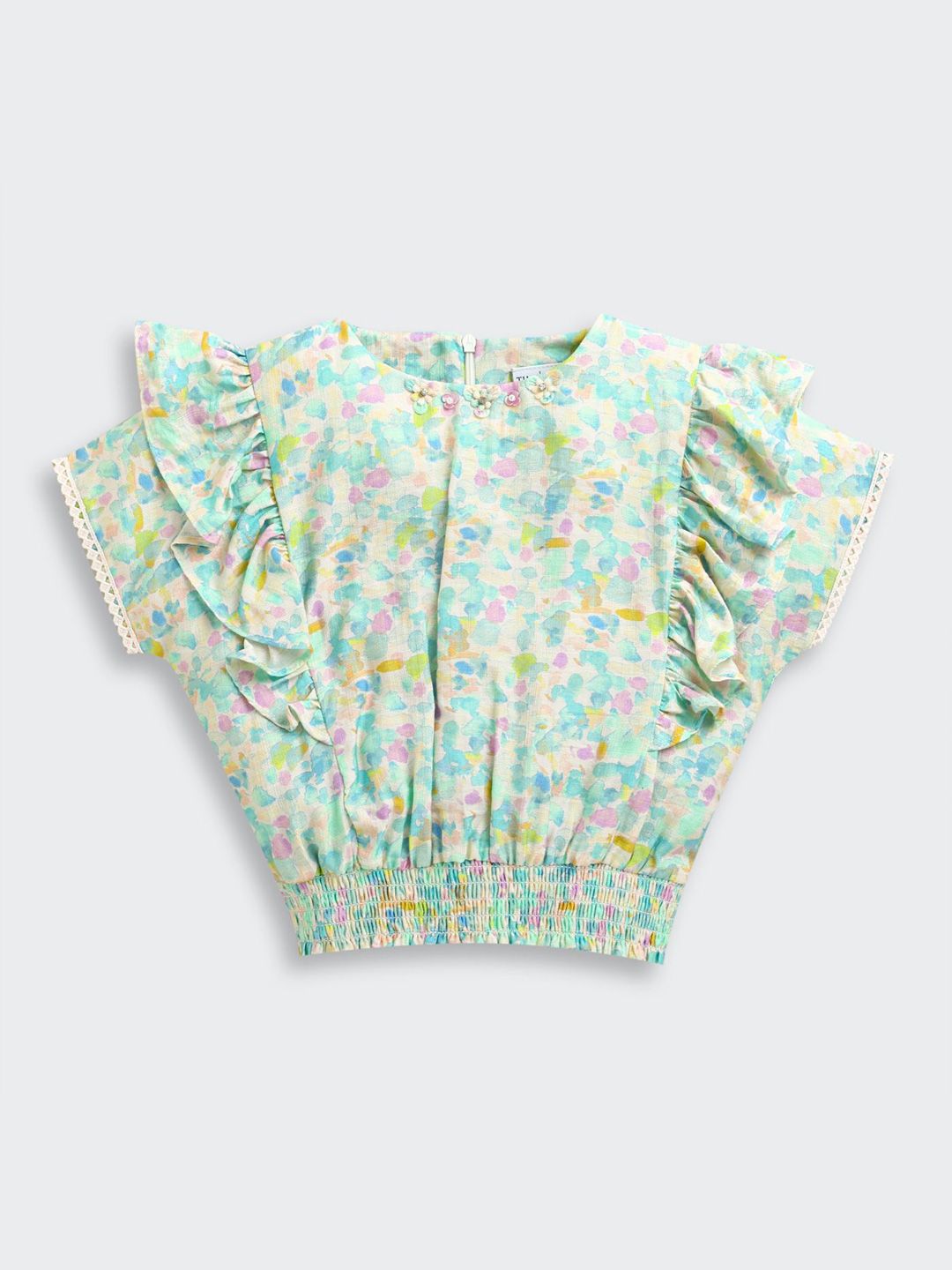 Tiny Girl Printed Ruffles Cinched Waist Crop Top