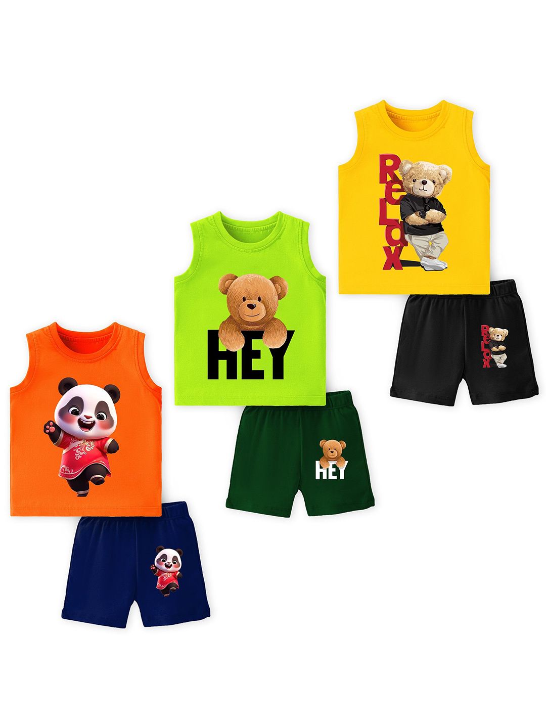 YK Kids Pack Of 3 Graphic Printed Round Neck T-shirts With Shorts