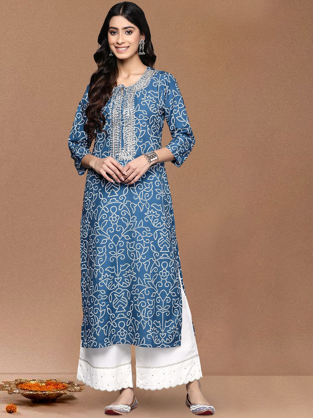 all about you Bandhani Printed Tie Up Neck Gotta Patti Straight Kurta