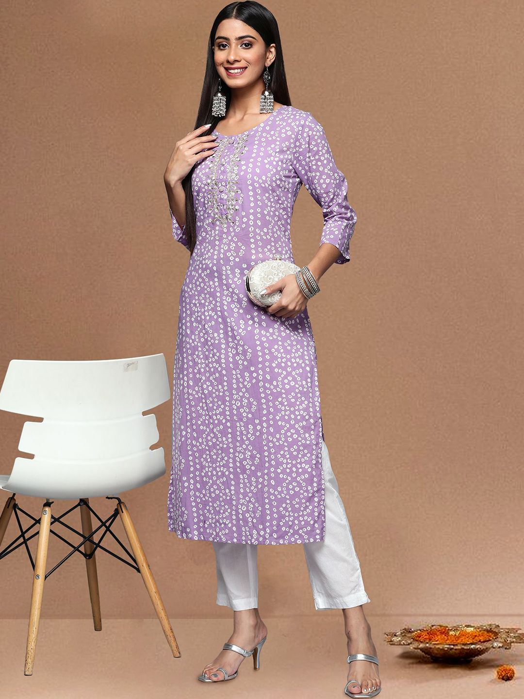 all about you Bandhani Printed Round Neck Gotta Patti Pure Cotton Straight Kurta