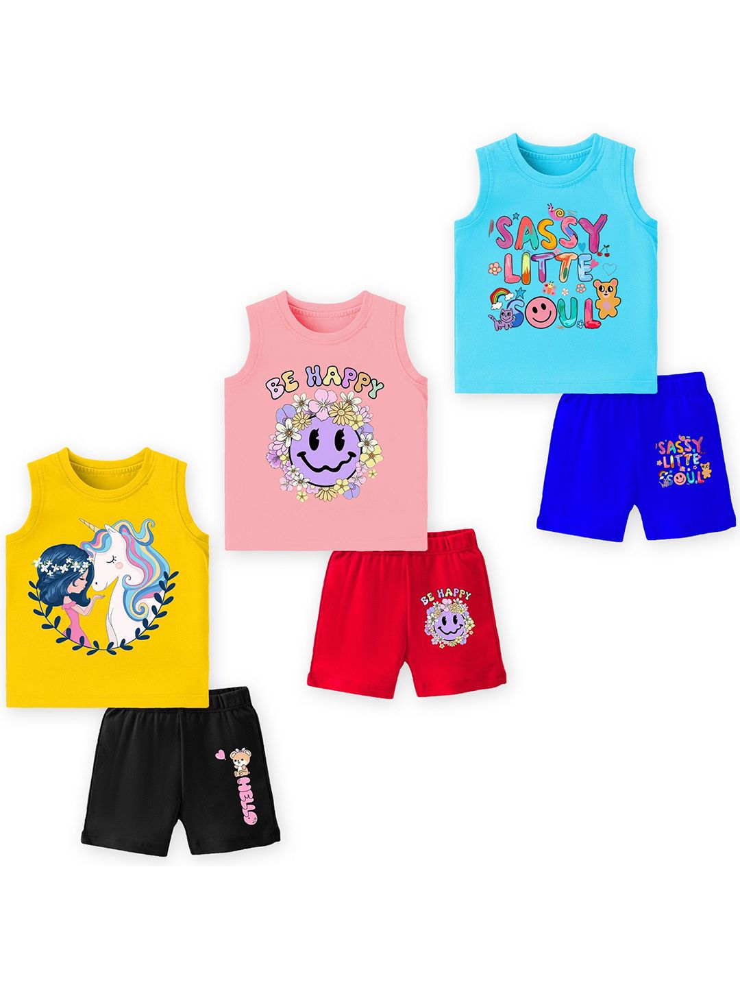 YK Kids Pack Of 3 Graphic Printed Round Neck T-shirts With Shorts