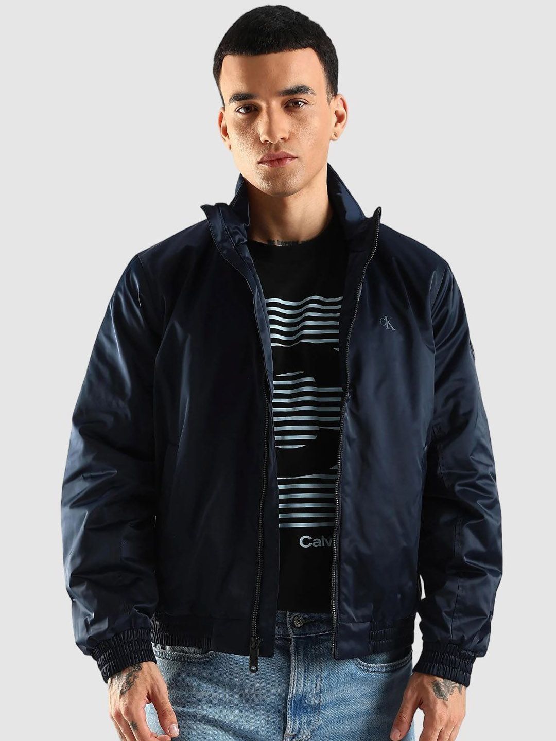 Calvin Klein Jeans Men Mock Collar Solid Bomber Jacket