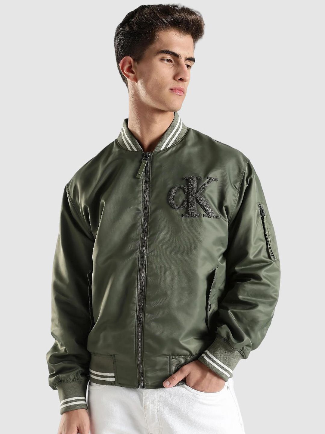 Calvin Klein Jeans Brand Logo Printed Windcheater Nylon Open Front Jacket With Patchwork