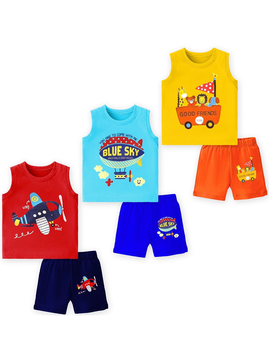 YK Kids Pack Of 3 Graphic Printed Round Neck T-shirt With Shorts