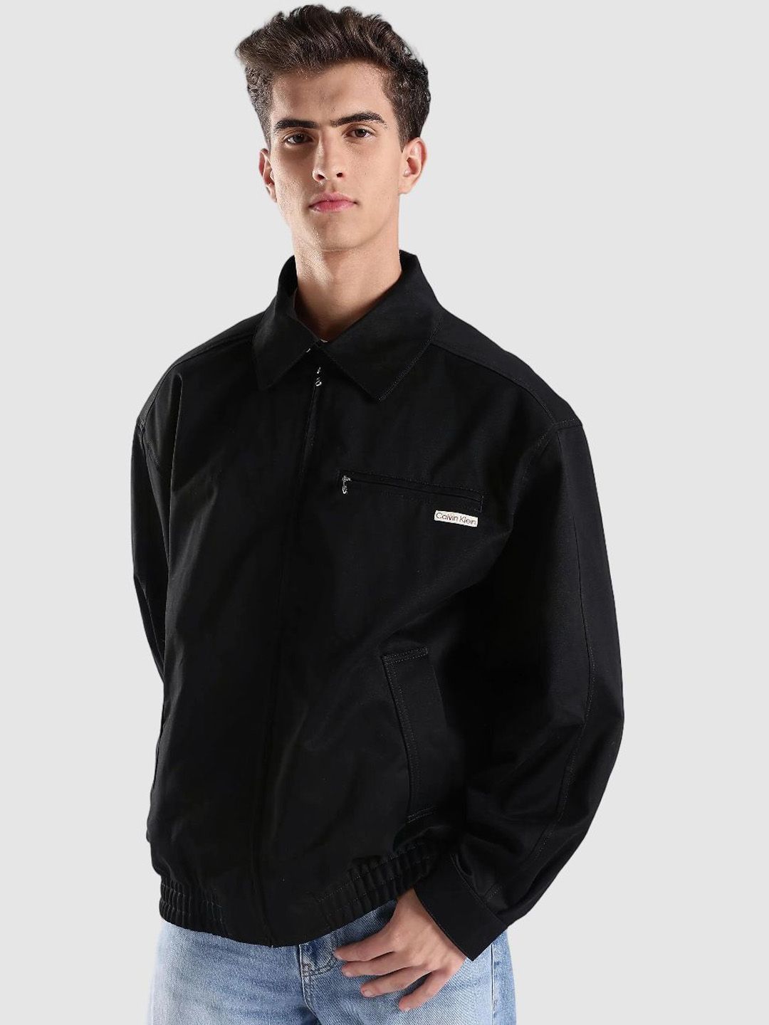Calvin Klein Jeans Men Spread Collar Solid Windcheater Pure Cotton Bomber Jacket