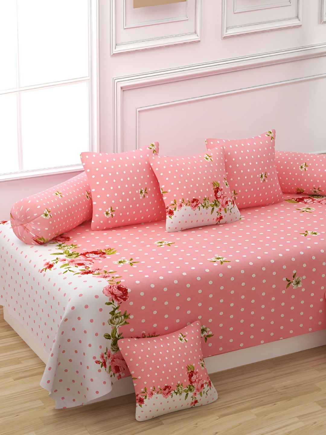 Myntra Elegant Homes Pink & White 8 Pieces Floral Printed Cotton Diwan Set