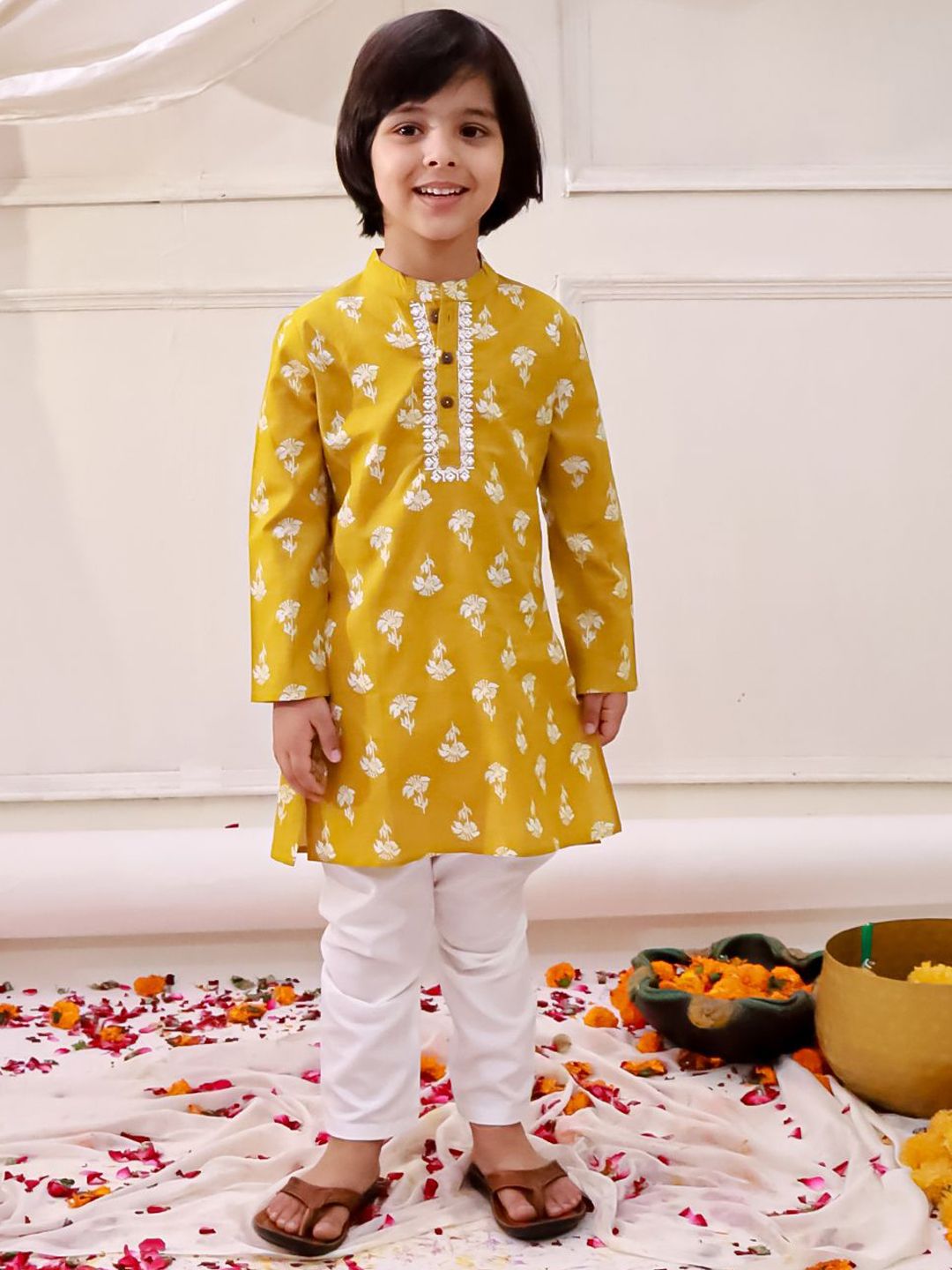 KID1 Boys Floral Printed Cotton Kurta with Churidar