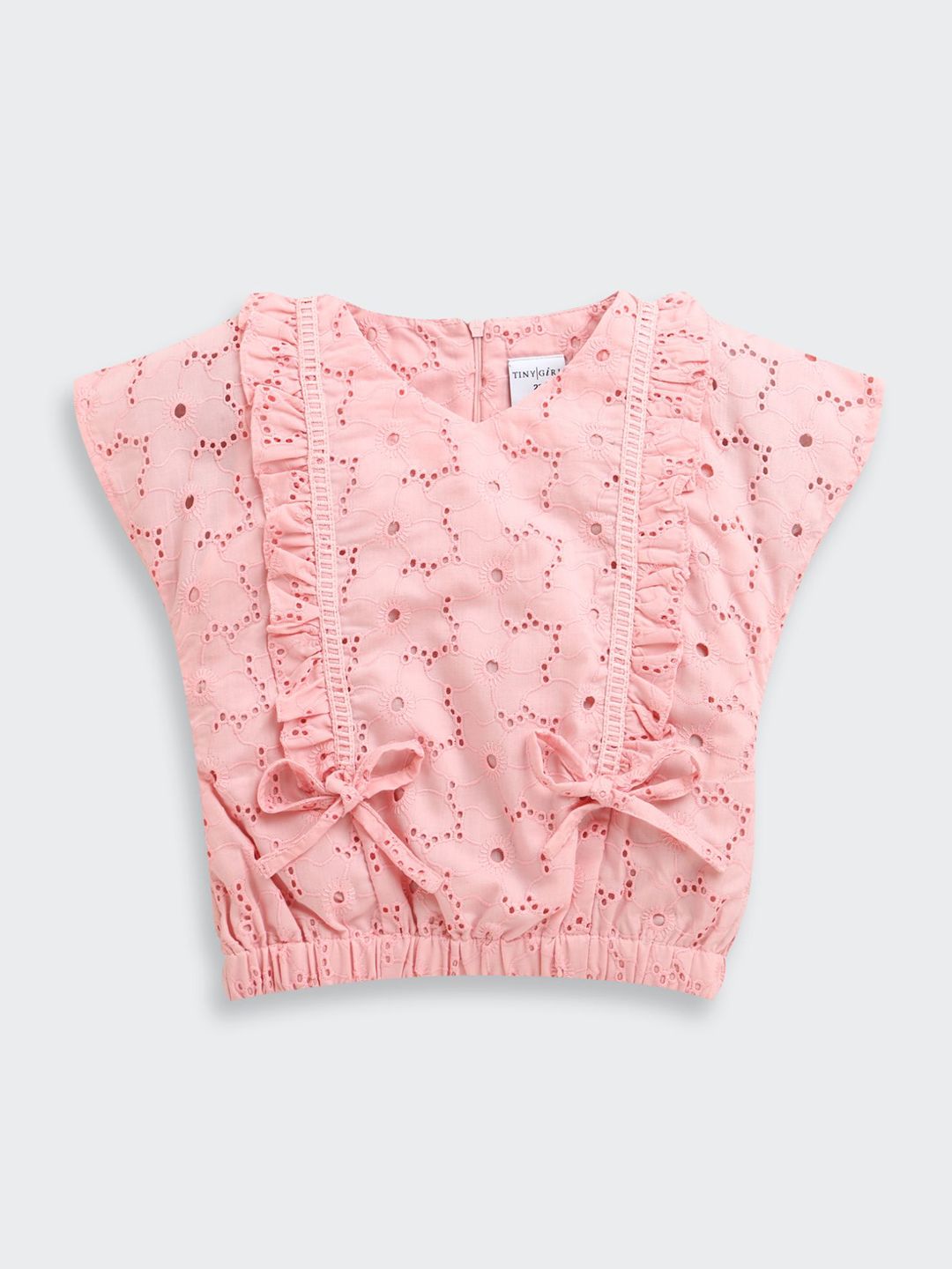 Tiny Girl Floral Embroidered Extended Sleeves Cotton Cinched Waist Top With Ruffles