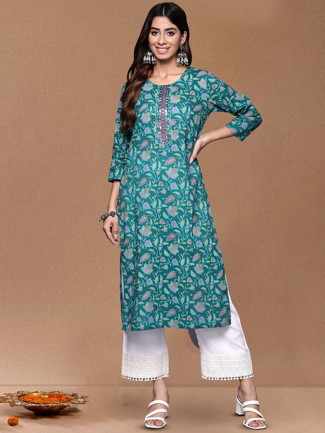 all about you Women Floral Printed Mirror Work Floral Kurta