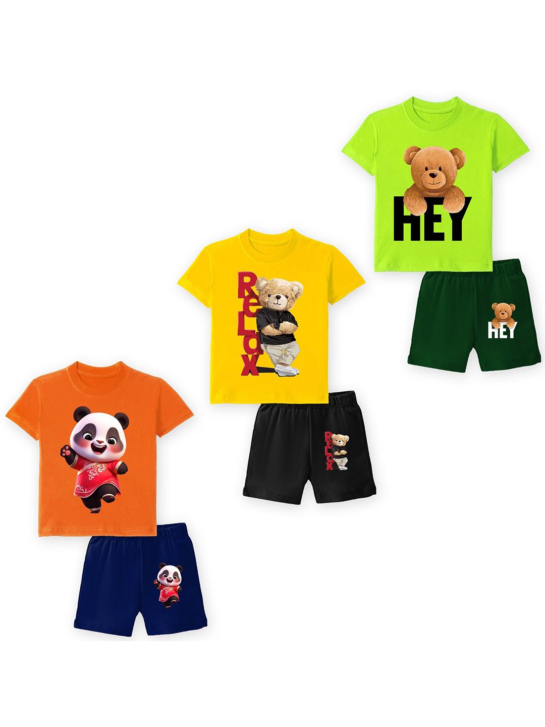 YK Kids Pack Of 3 Graphic Printed Round Neck T-shirts With Shorts