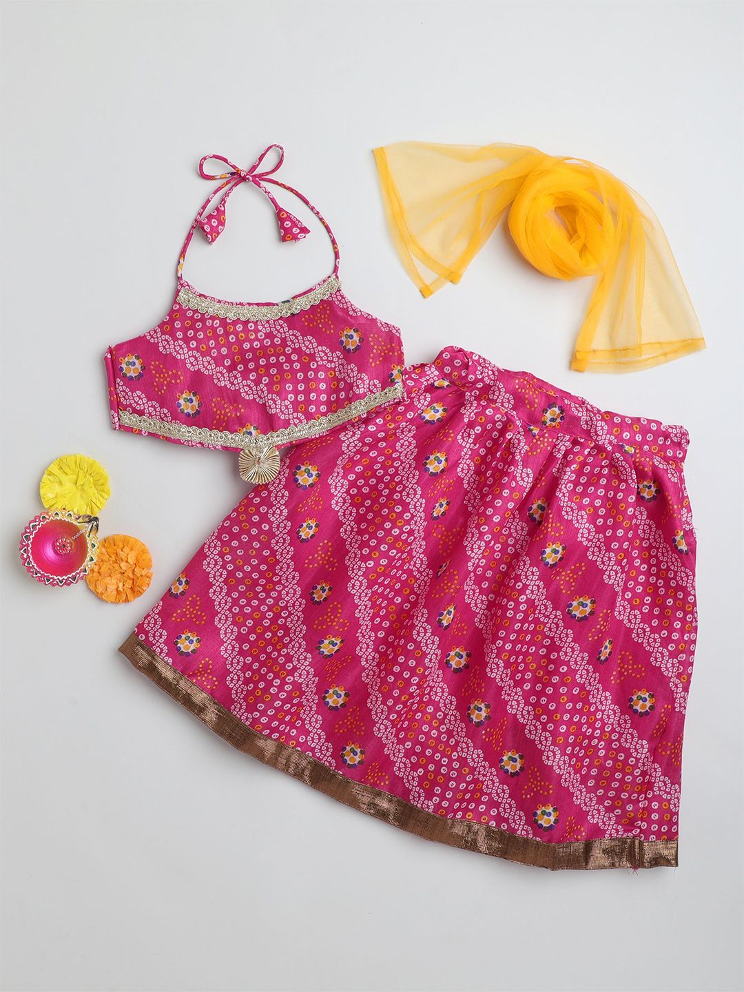 MANY FROCKS & Girls Bandhani Printed Ready to Wear Lehenga Blouse With Dupatta