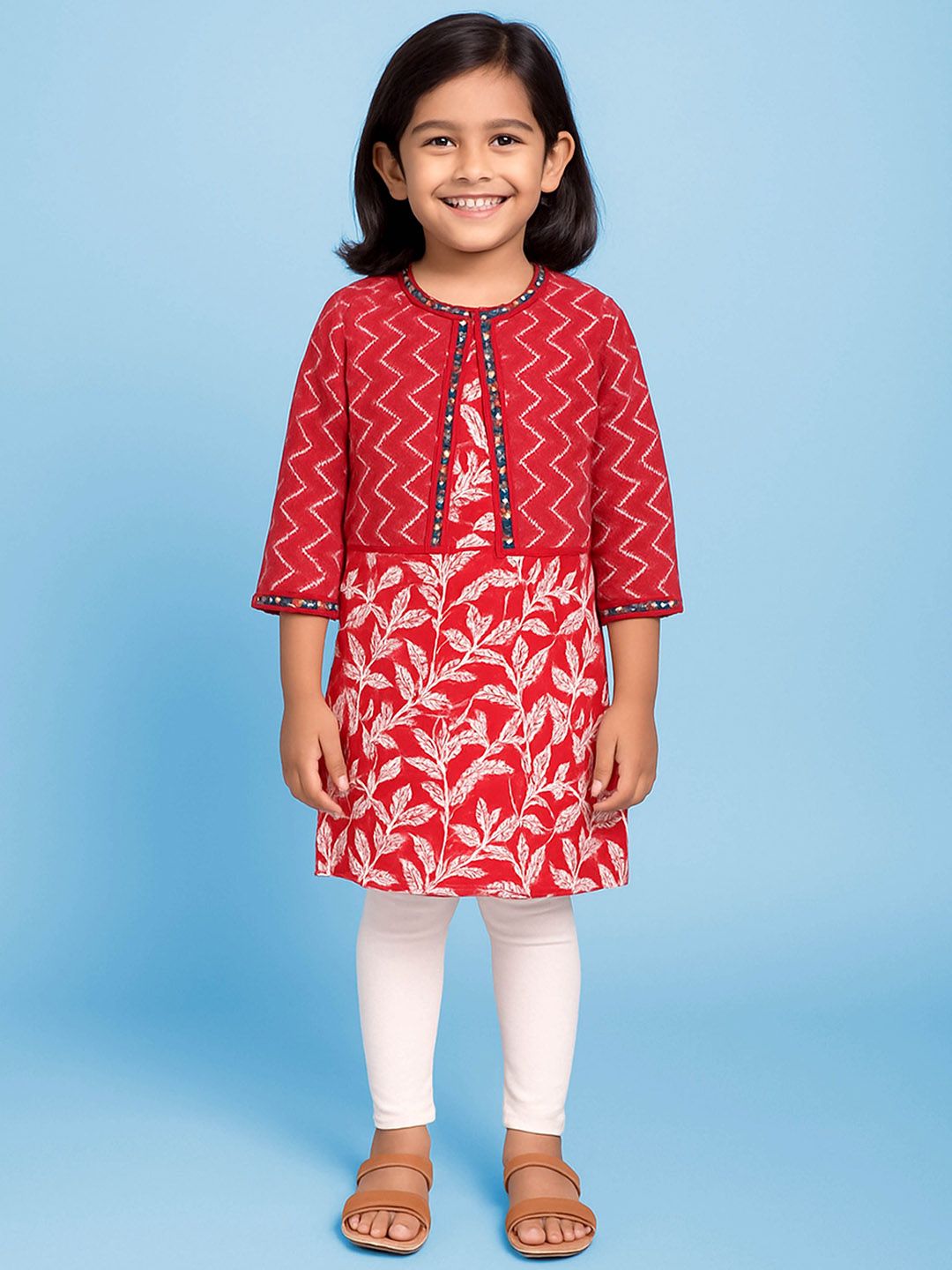 KiddoPanti Girls Floral Printed Round Neck Mirror Work Pure Cotton Kurta With Leggings