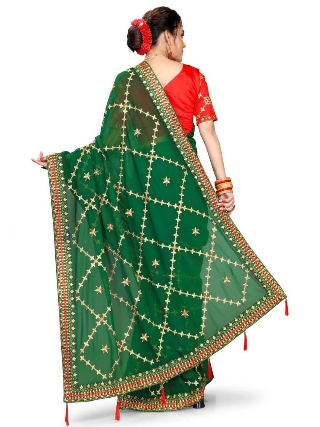 AKSH FASHION Green Poly Georgette  Sarees